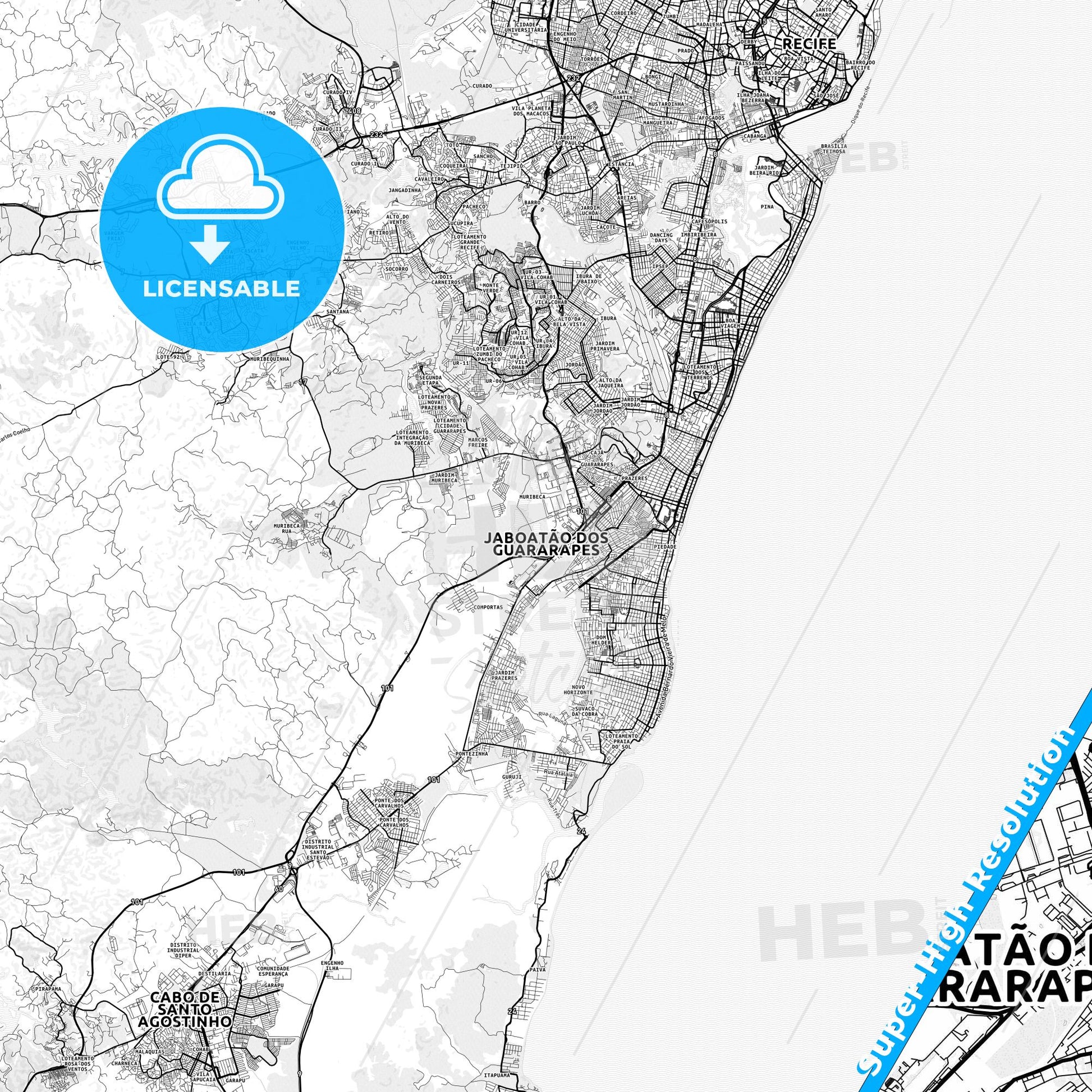 Jaboatao dos Guararapes, Brazil light map with streetnames, citynames and districts