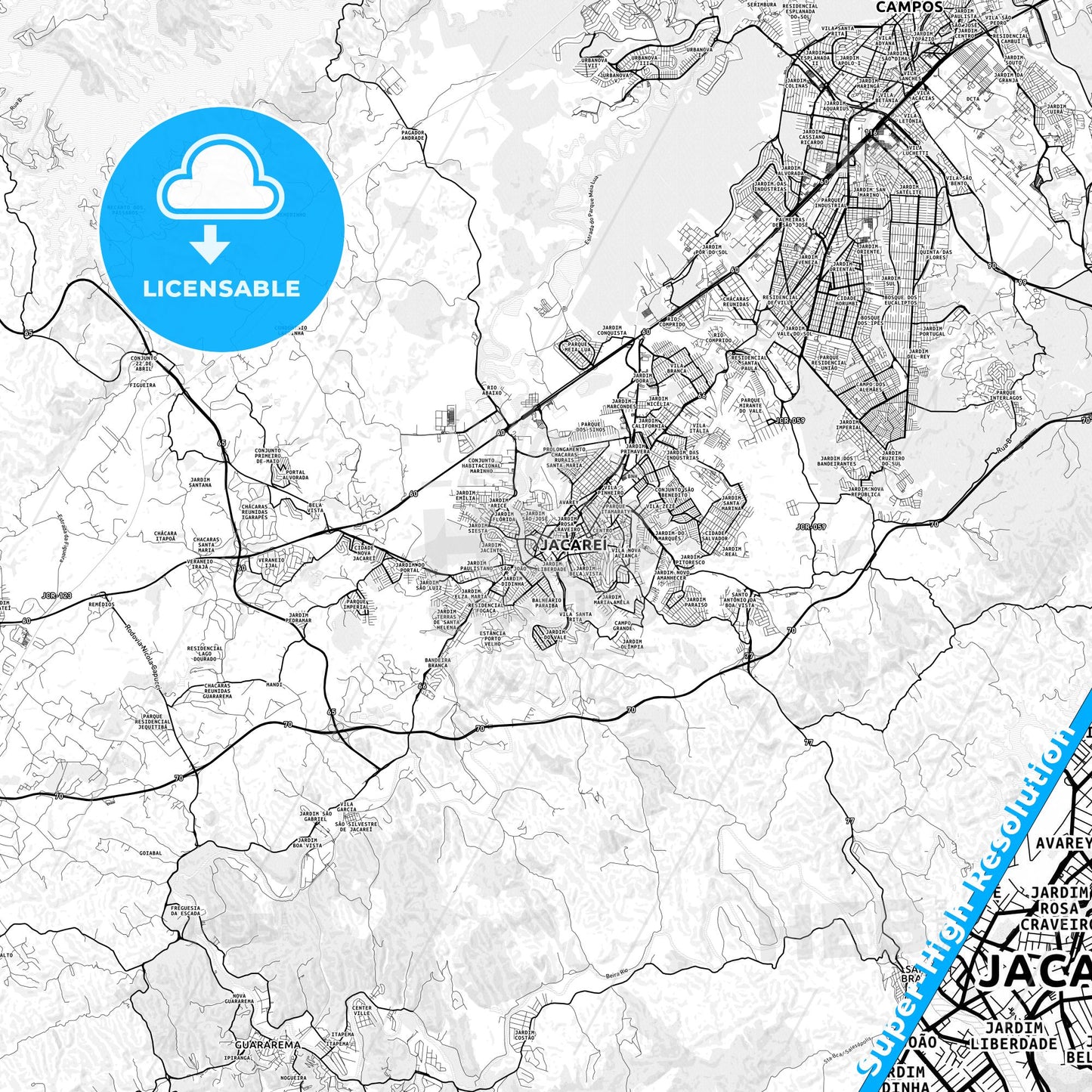 Jacarei, Brazil light map with streetnames, citynames and districts