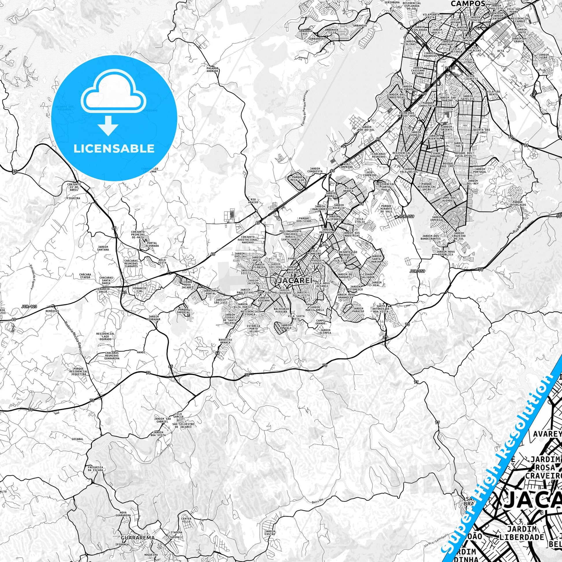 Jacarei, Brazil light map with streetnames, citynames and districts
