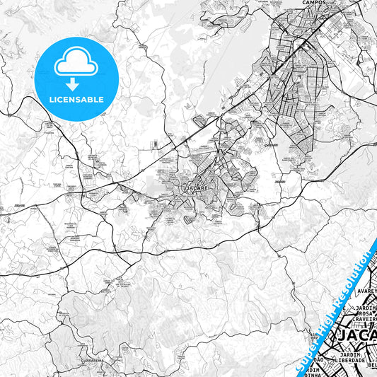 Jacarei, Brazil light map with streetnames, citynames and districts