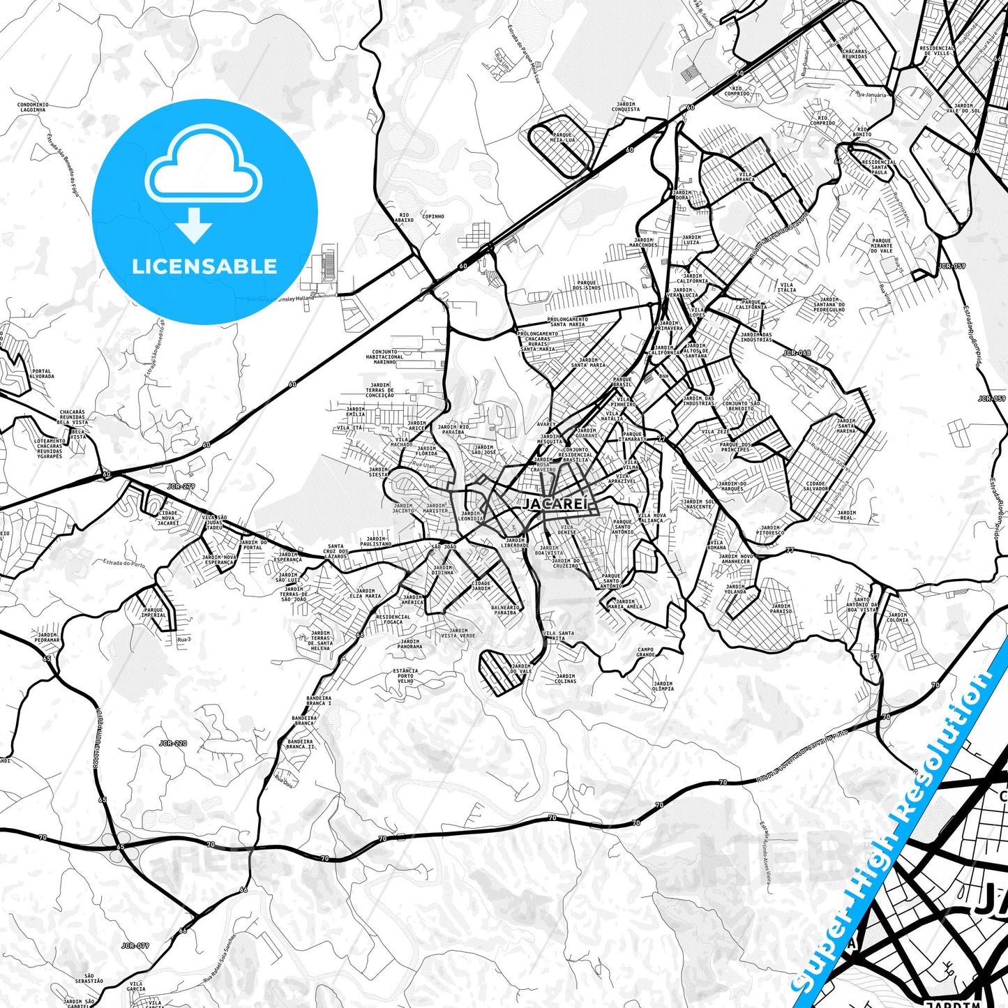 Jacarei, Brazil Light Map with Street Names, City Names, and Districts