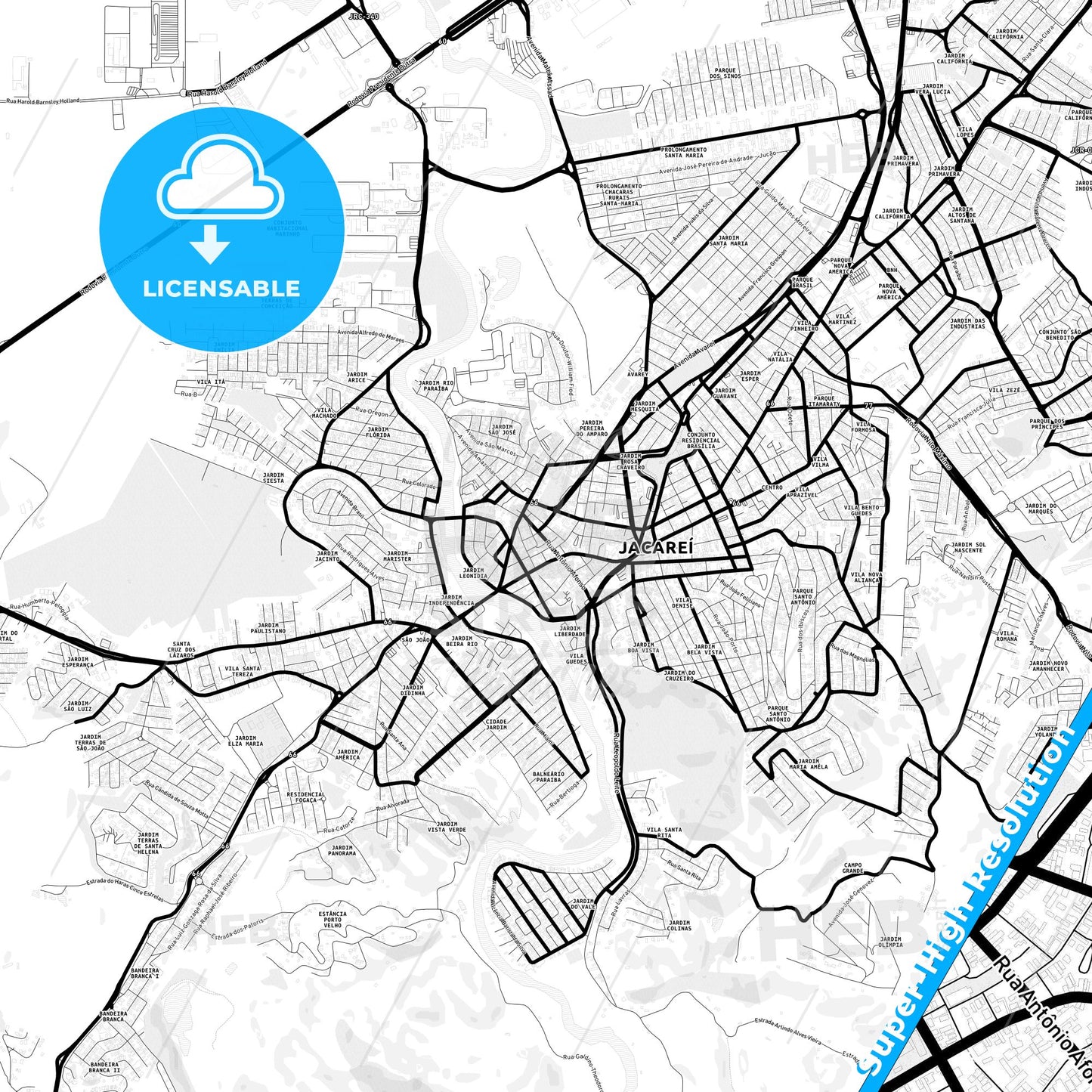Jacarei, Brazil Light Map with Street Names, City Names, and Districts