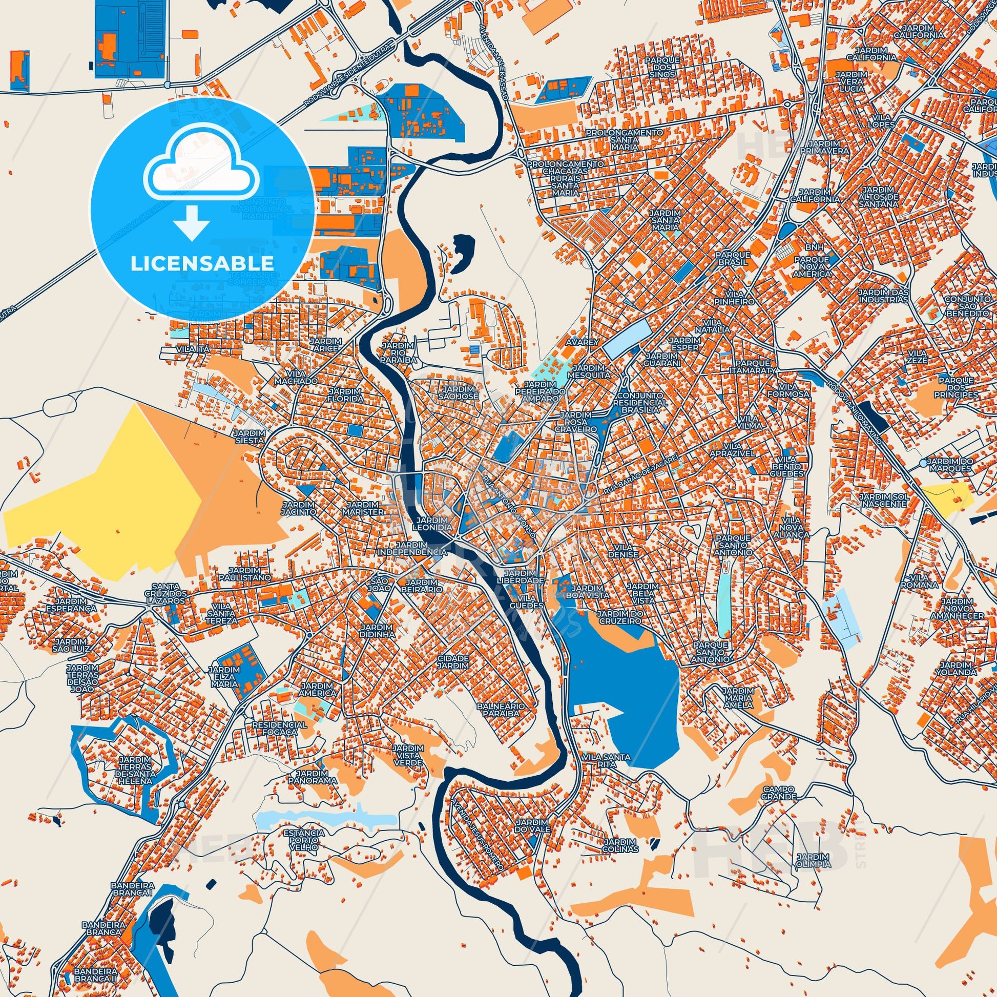 Colorful Jacarei Street Map with Labels and Buildings