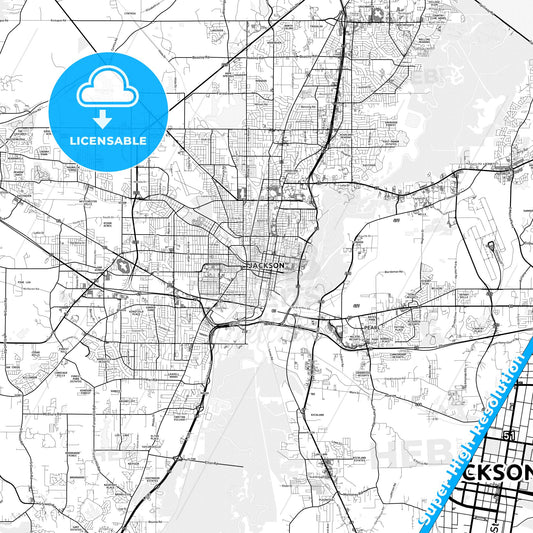 Jackson, Mississippi light map with streetnames, citynames and districts