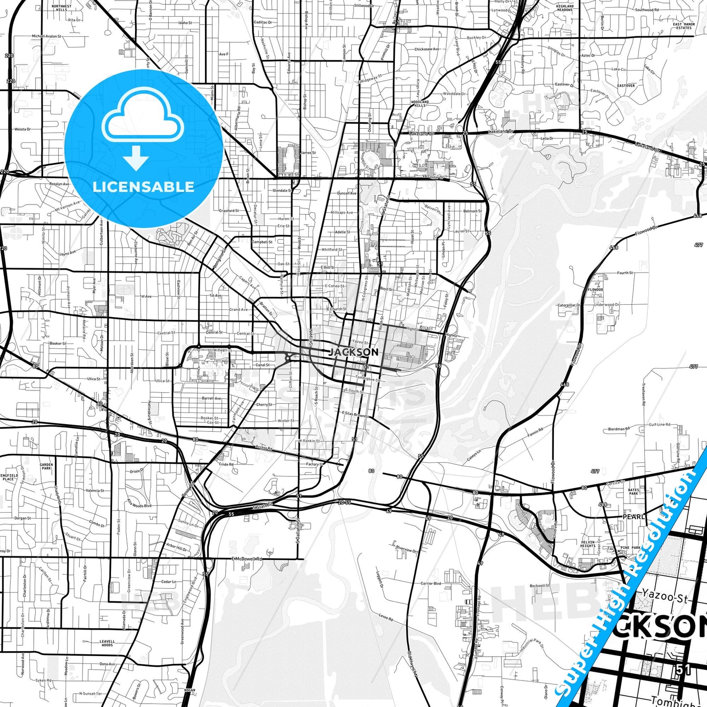 Jackson, Mississippi Light Map with Street Names, City Names, and Districts
