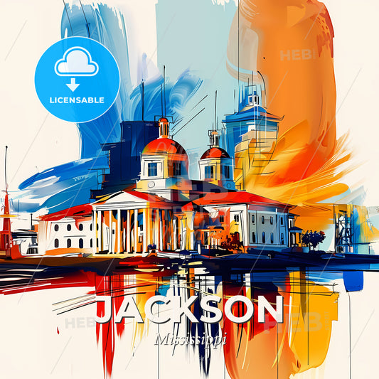Vibrant Jackson, Mississippi - A Painting Of A Building With A Colorful Background - Square format print template
