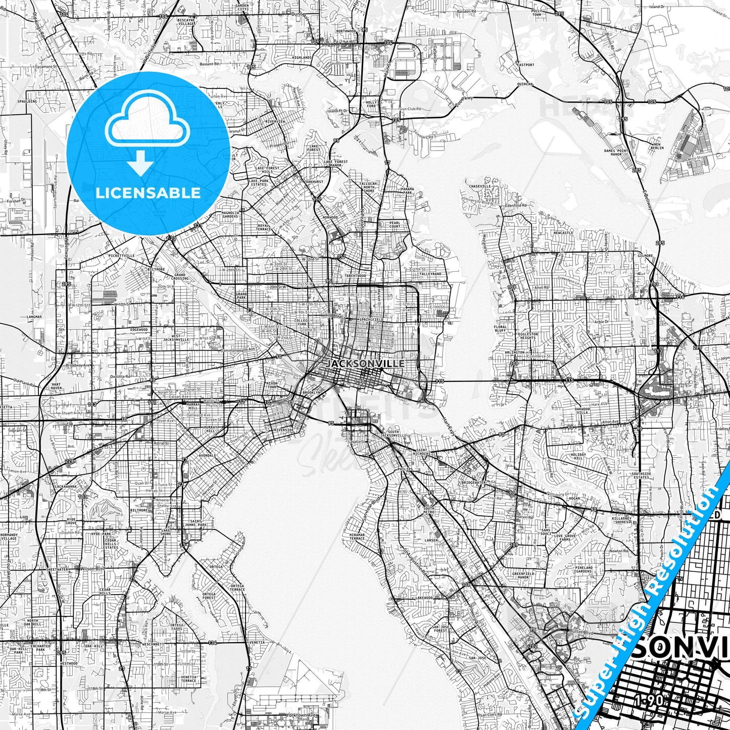 Jacksonville, Florida light map with streetnames, citynames and districts