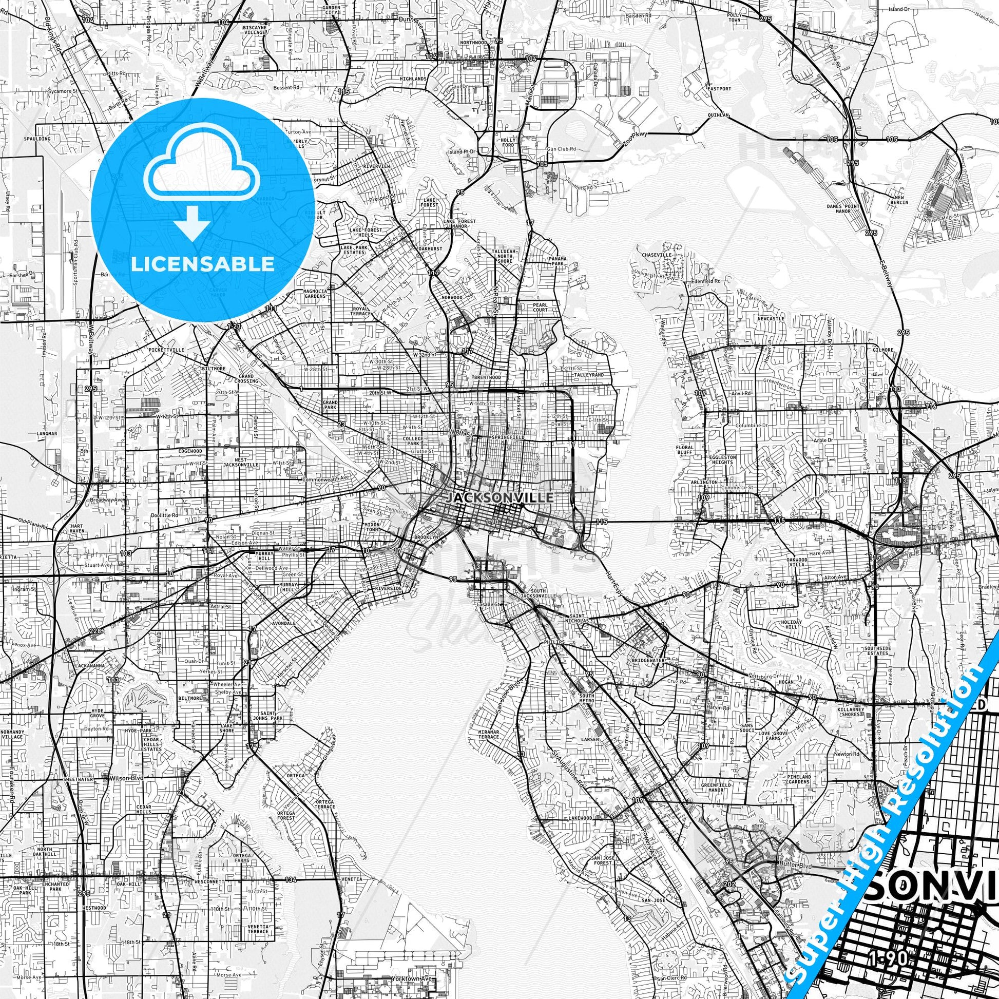 Jacksonville, Florida light map with streetnames, citynames and districts