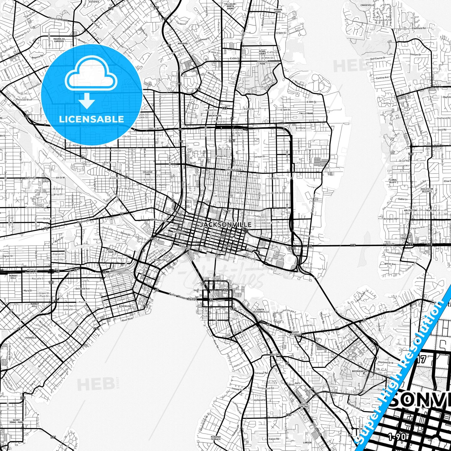 Jacksonville, Florida Light Map with Street Names, City Names, and Districts