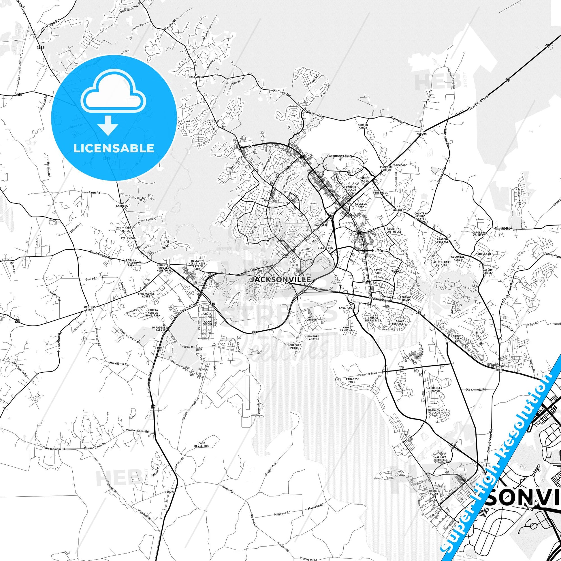 Jacksonville, North Carolina light map with streetnames, citynames and districts