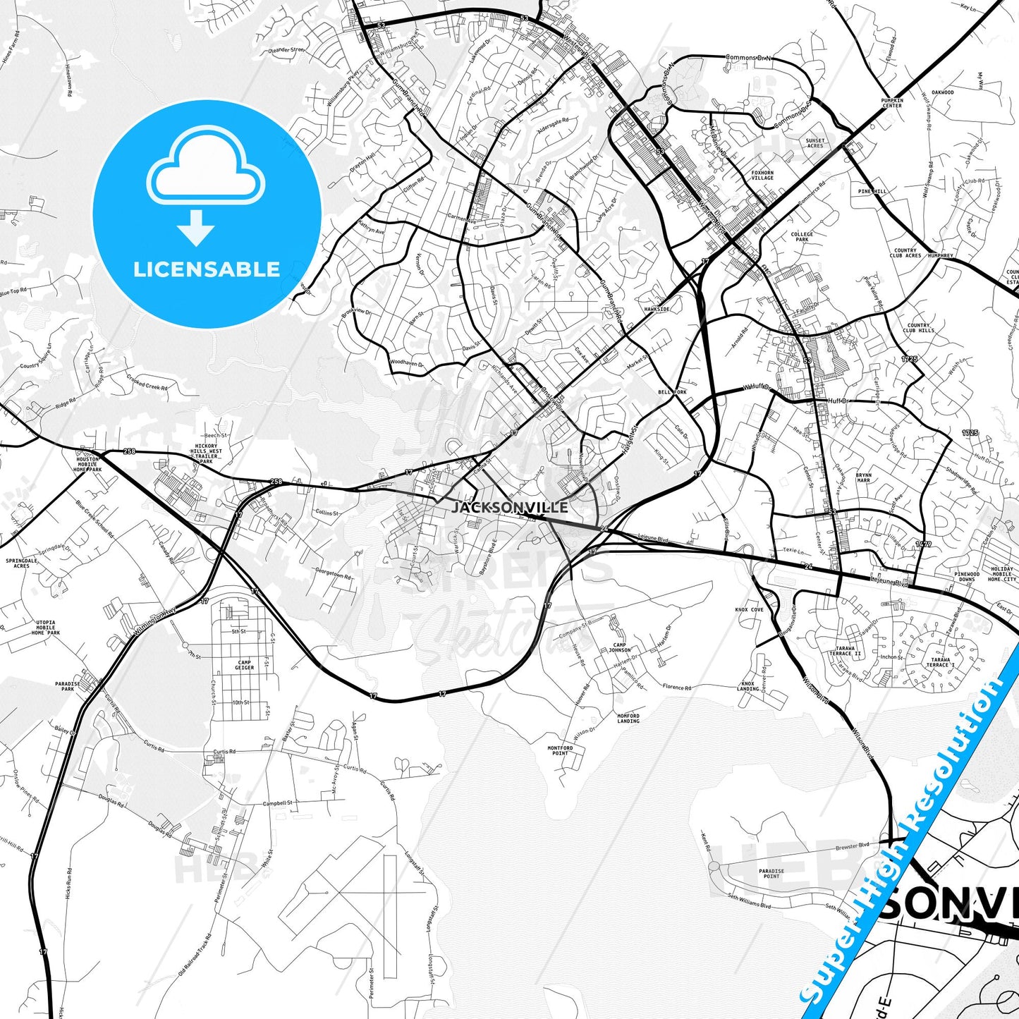 Jacksonville, North Carolina Light Map with Street Names, City Names, and Districts