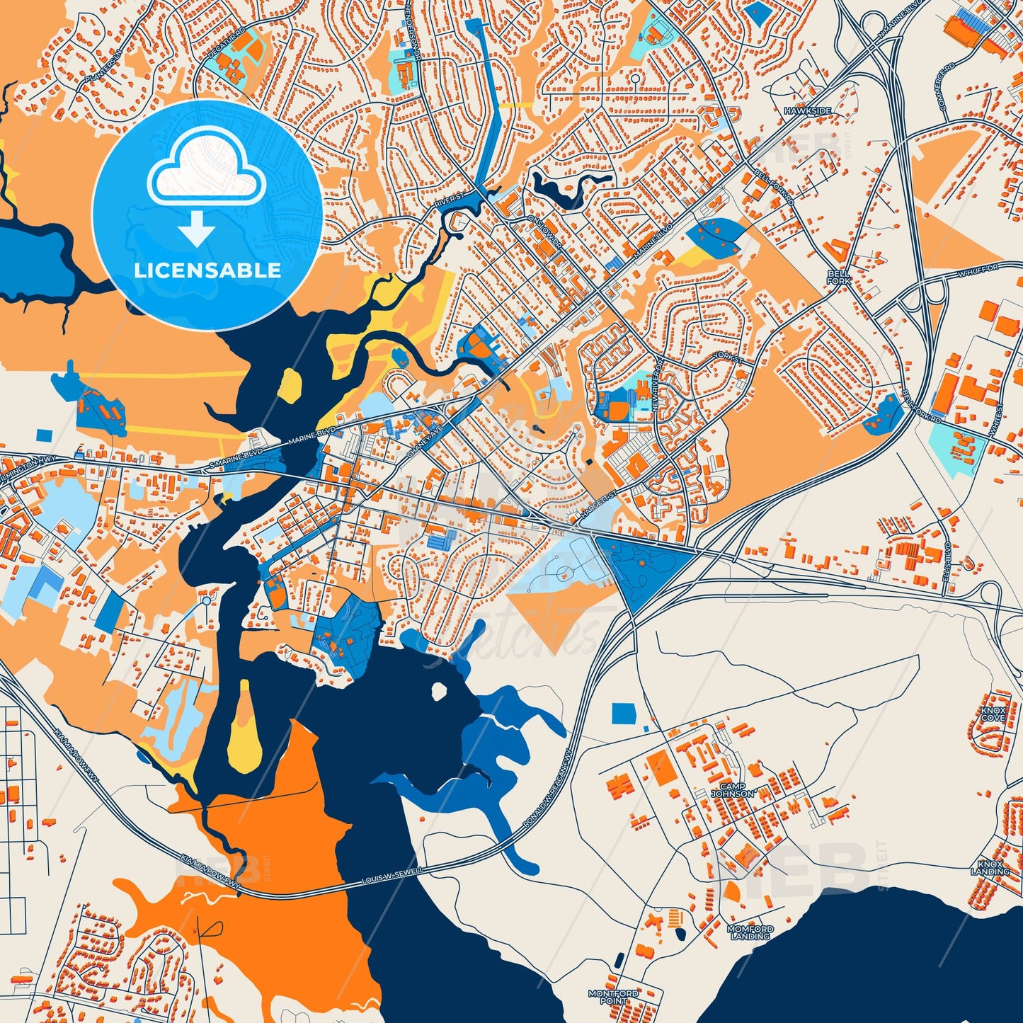 Colorful Jacksonville Street Map with Labels and Buildings