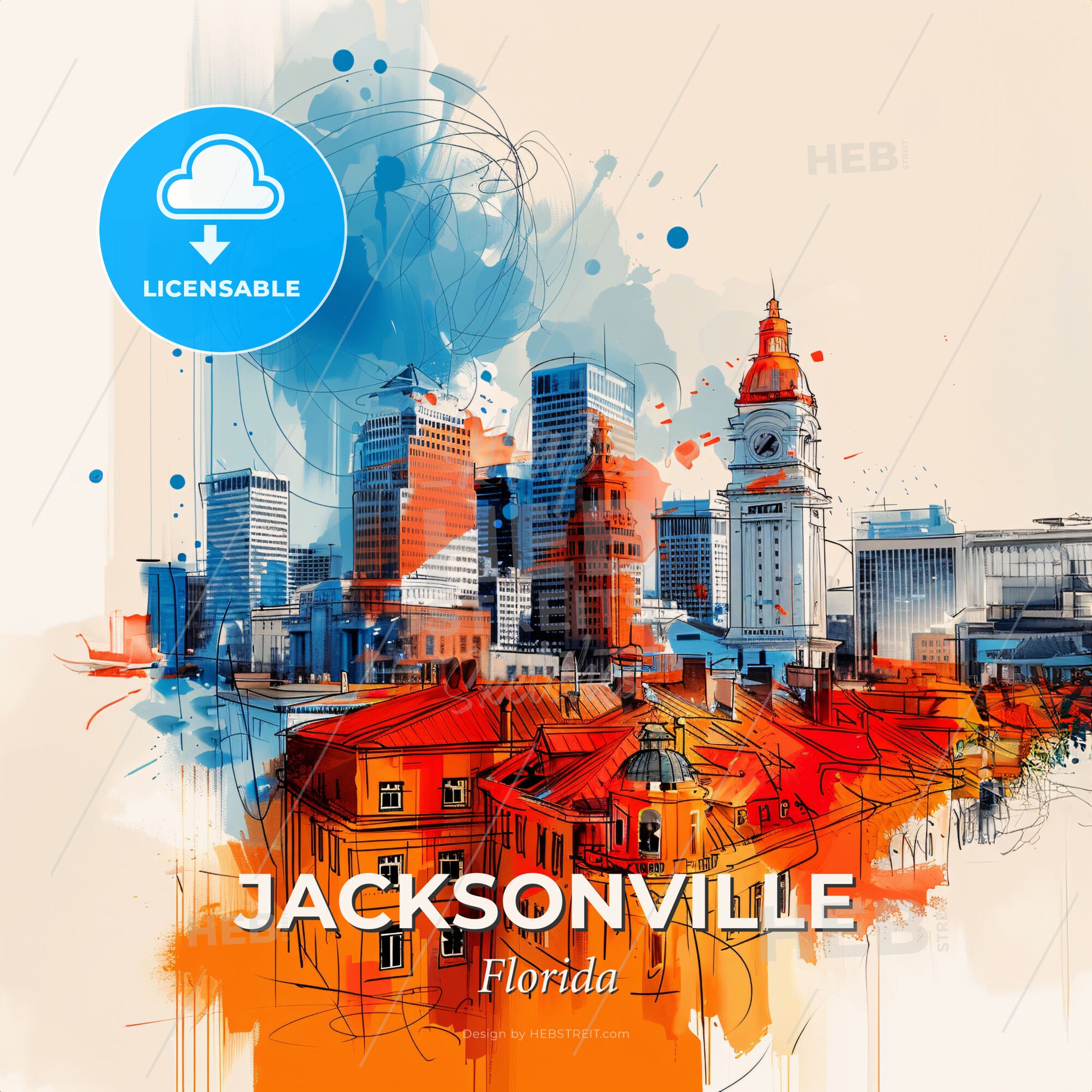 Vibrant Jacksonville, Florida - A Cityscape With Buildings And A Clock Tower - Square format print template