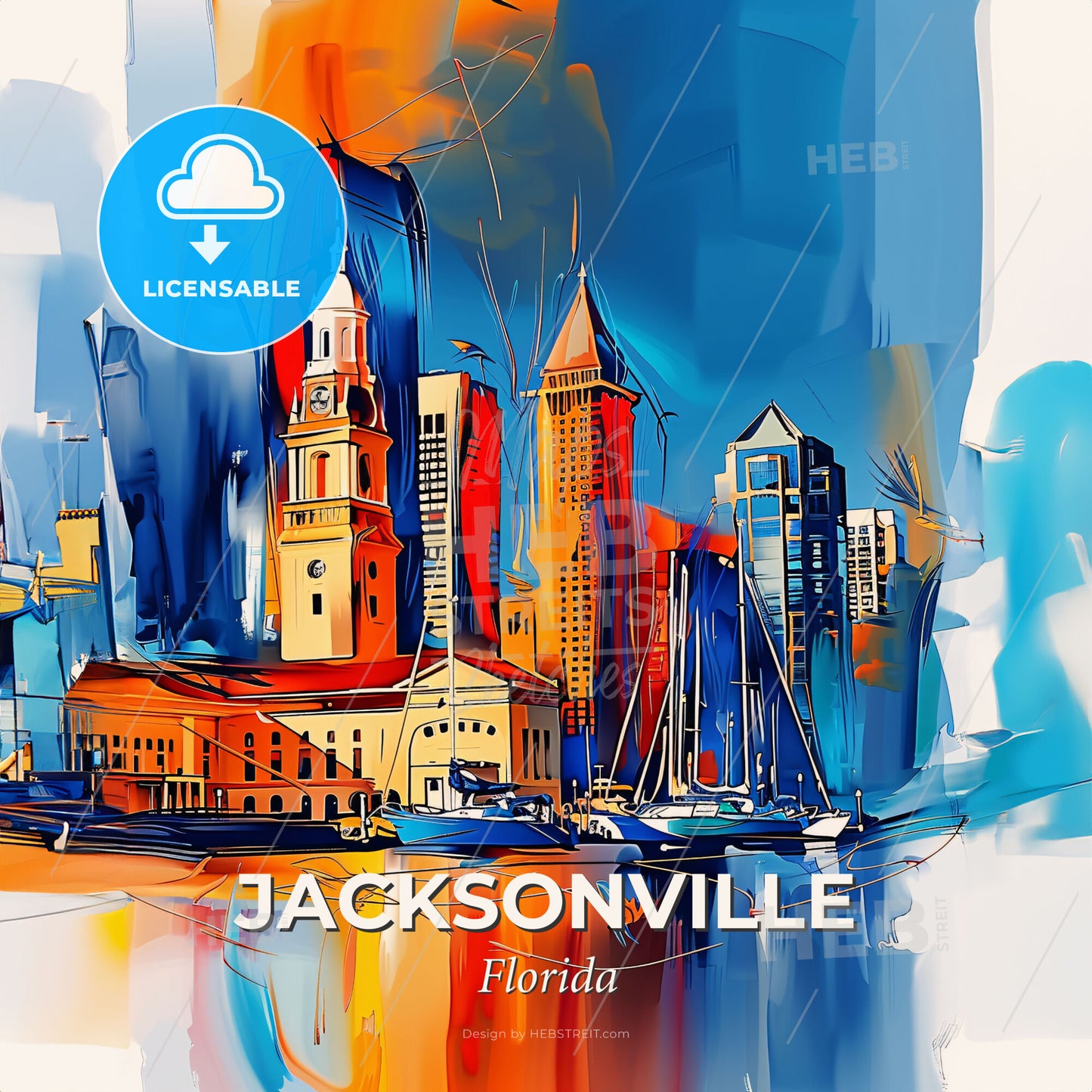 Vibrant Jacksonville, Florida - A Painting Of A City With Boats And Buildings - Square format print template