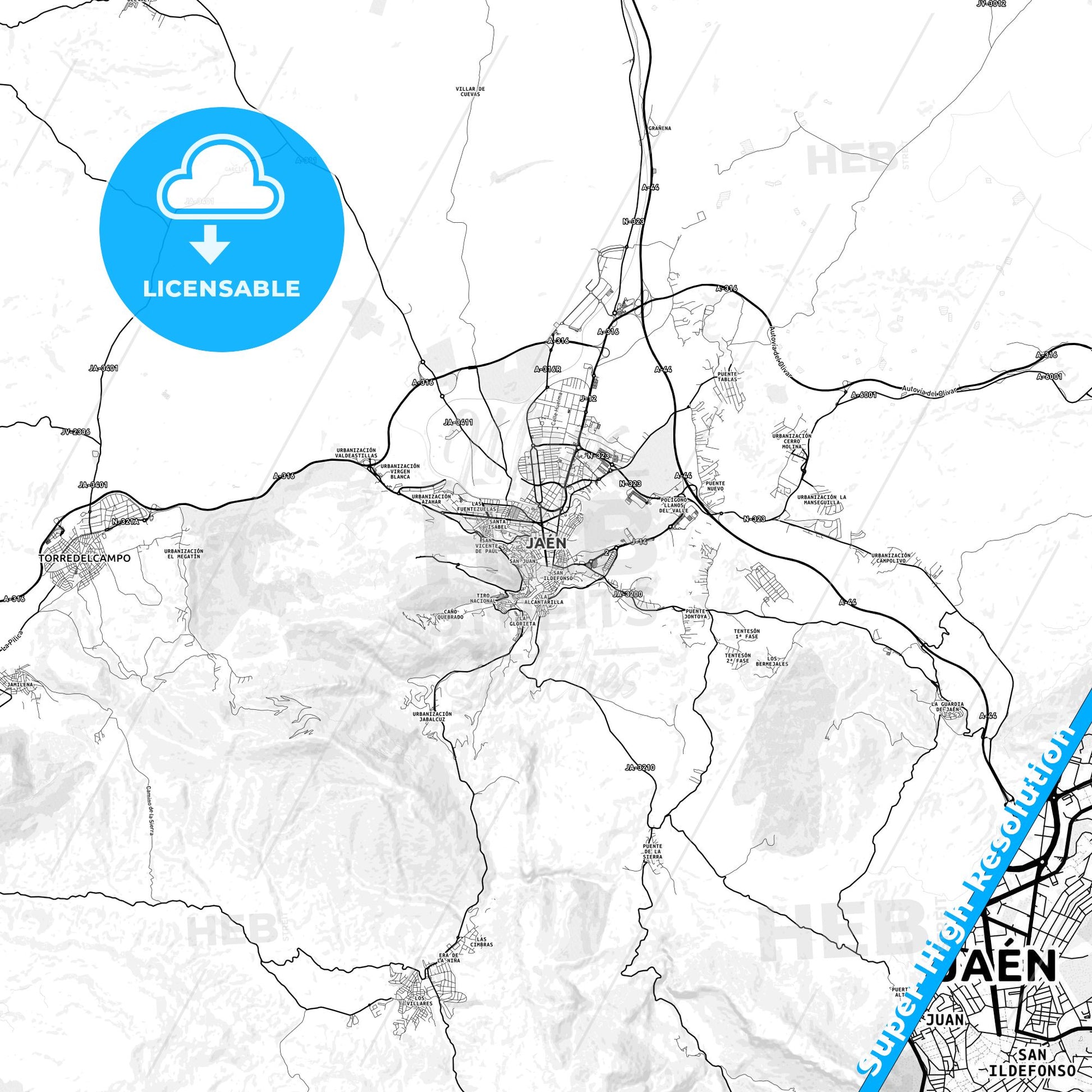 Jaén, Spain light map with streetnames, citynames and districts
