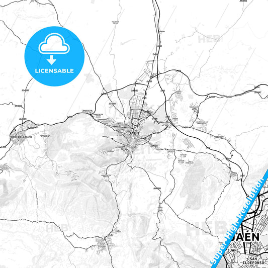 Jaén, Spain light map with streetnames, citynames and districts