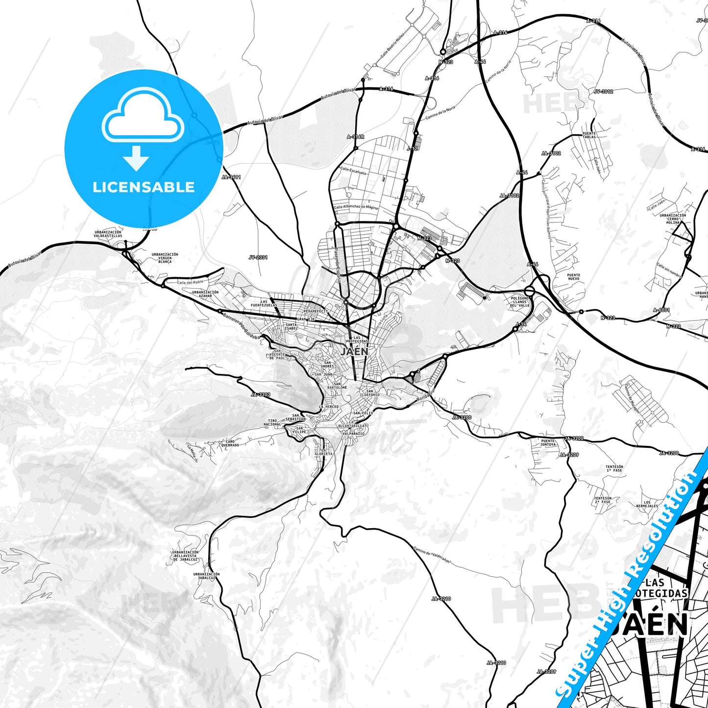 Jaén, Spain Light Map with Street Names, City Names, and Districts