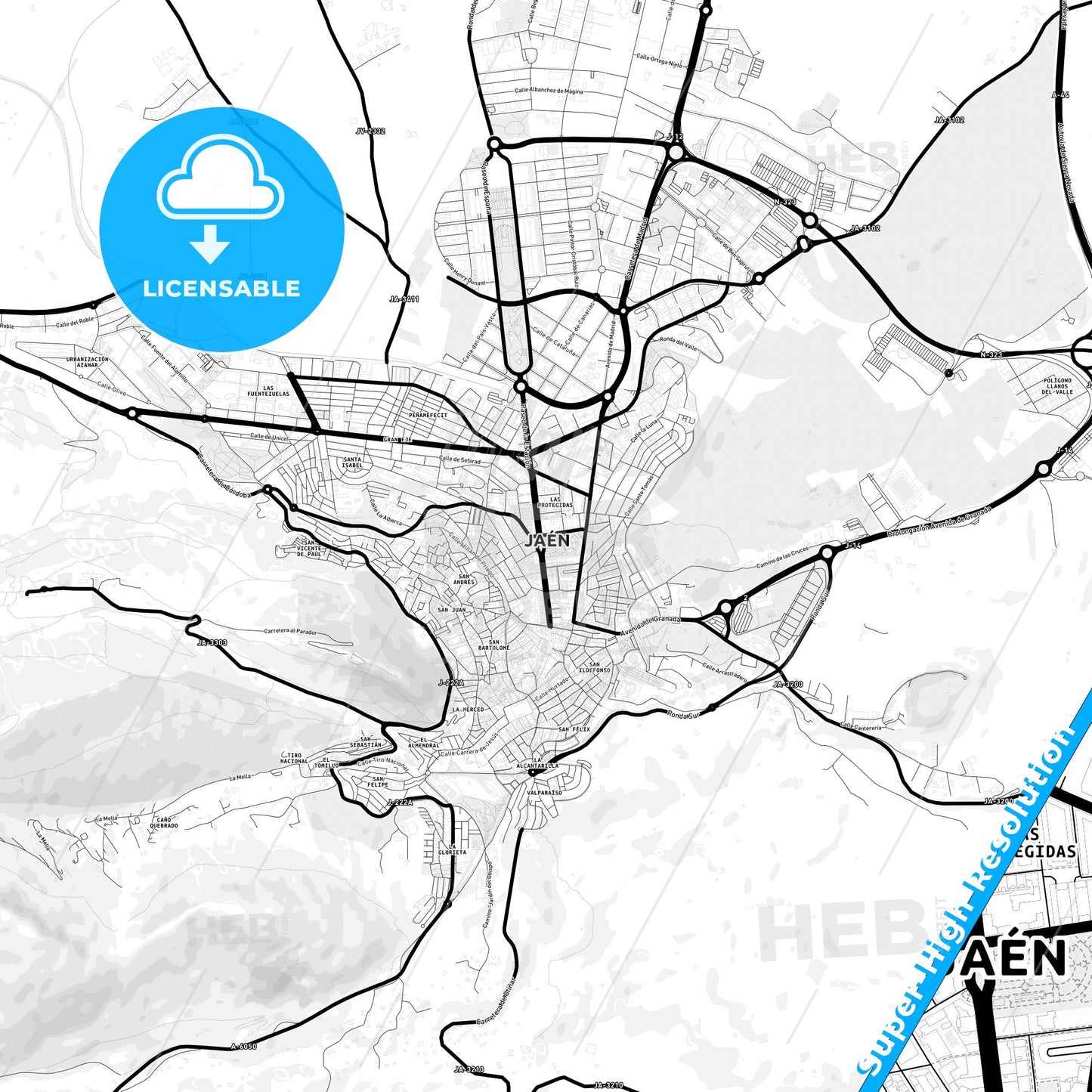 Jaén, Spain Light Map with Street Names, City Names, and Districts