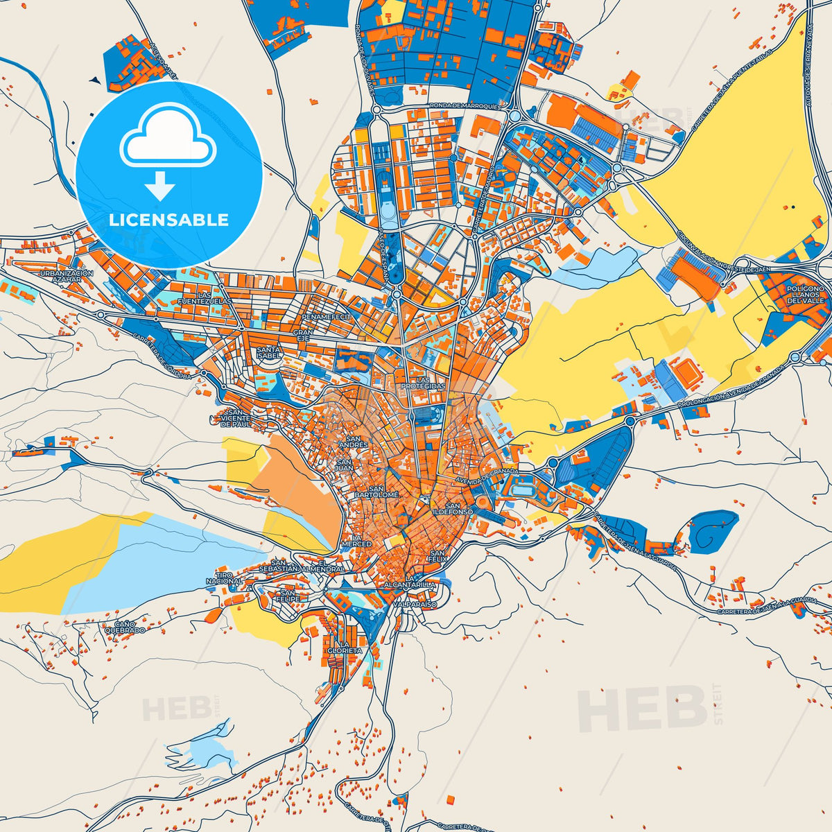 Colorful Jaén Street Map with Labels and Buildings