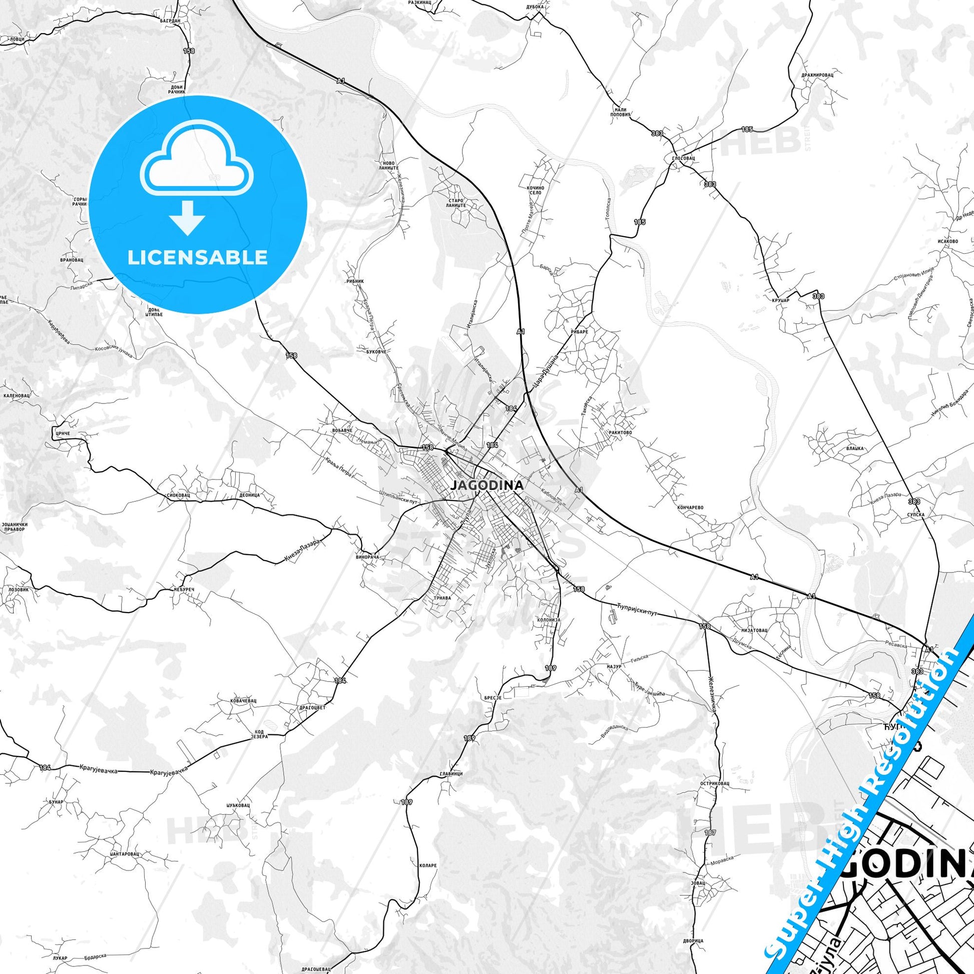 Jagodina, Serbia light map with streetnames, citynames and districts