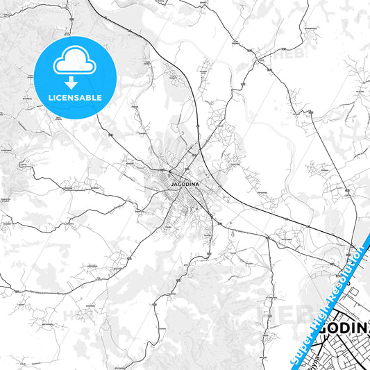 Jagodina, Serbia light map with streetnames, citynames and districts