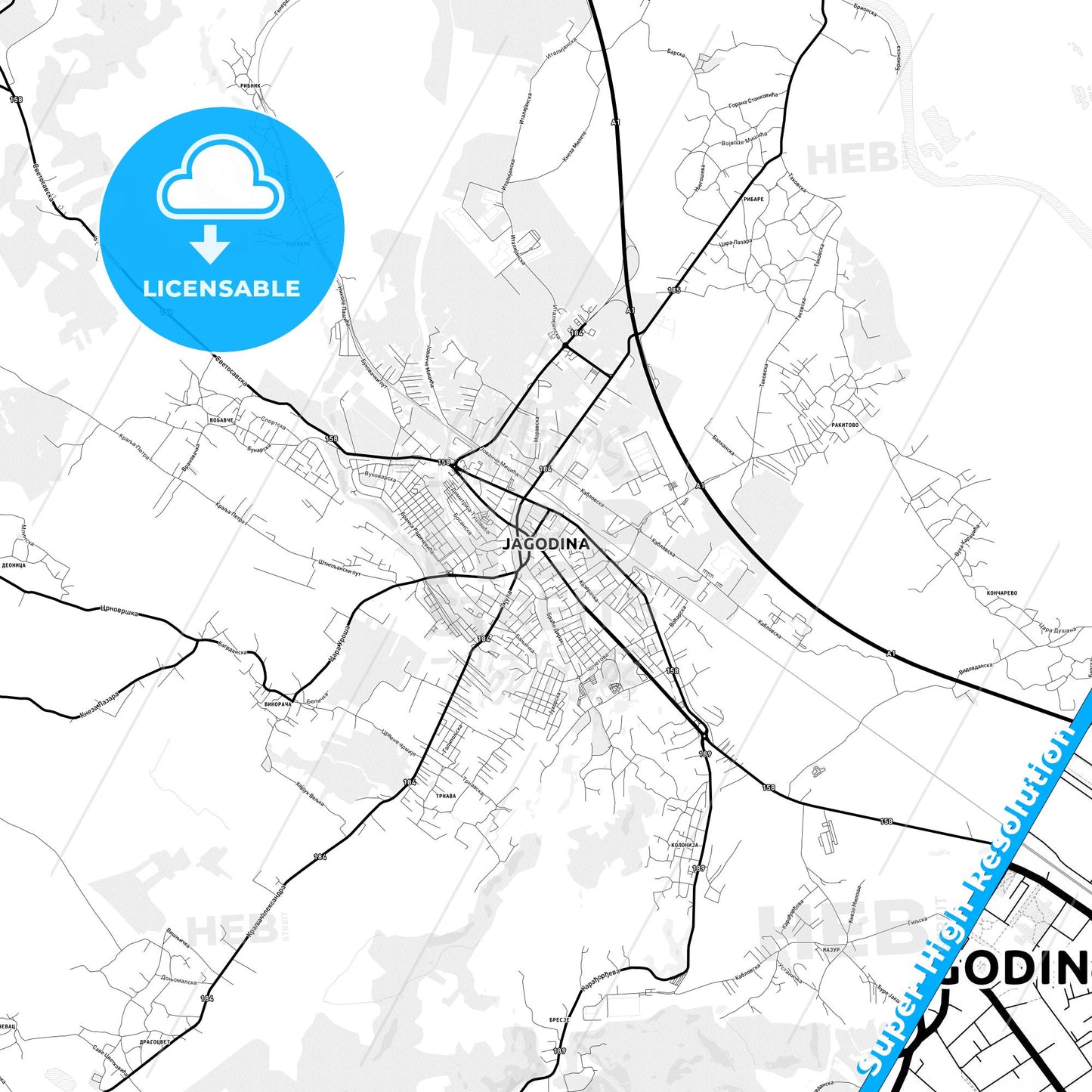 Jagodina, Serbia Light Map with Street Names, City Names, and Districts