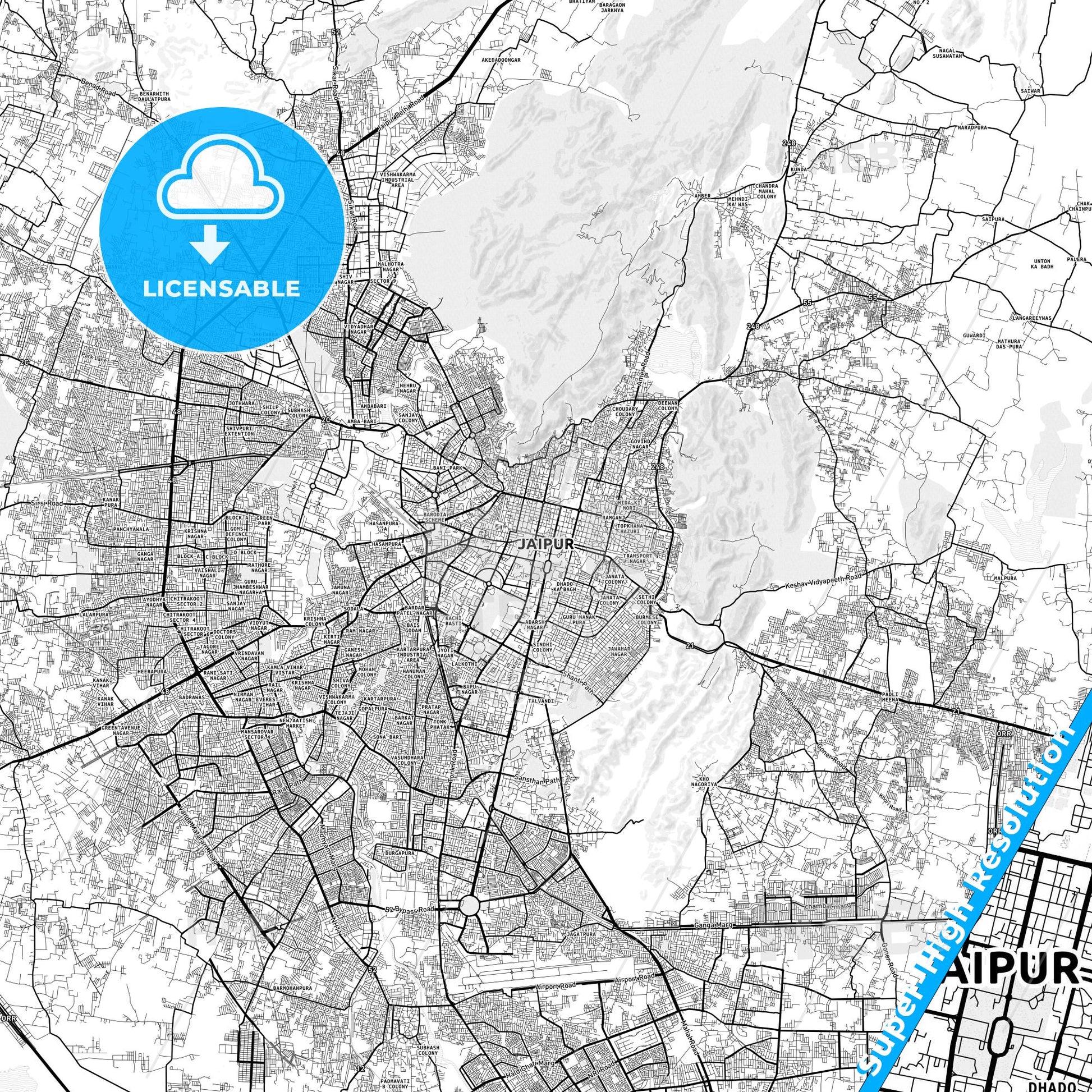 Jaipur, India light map with streetnames, citynames and districts