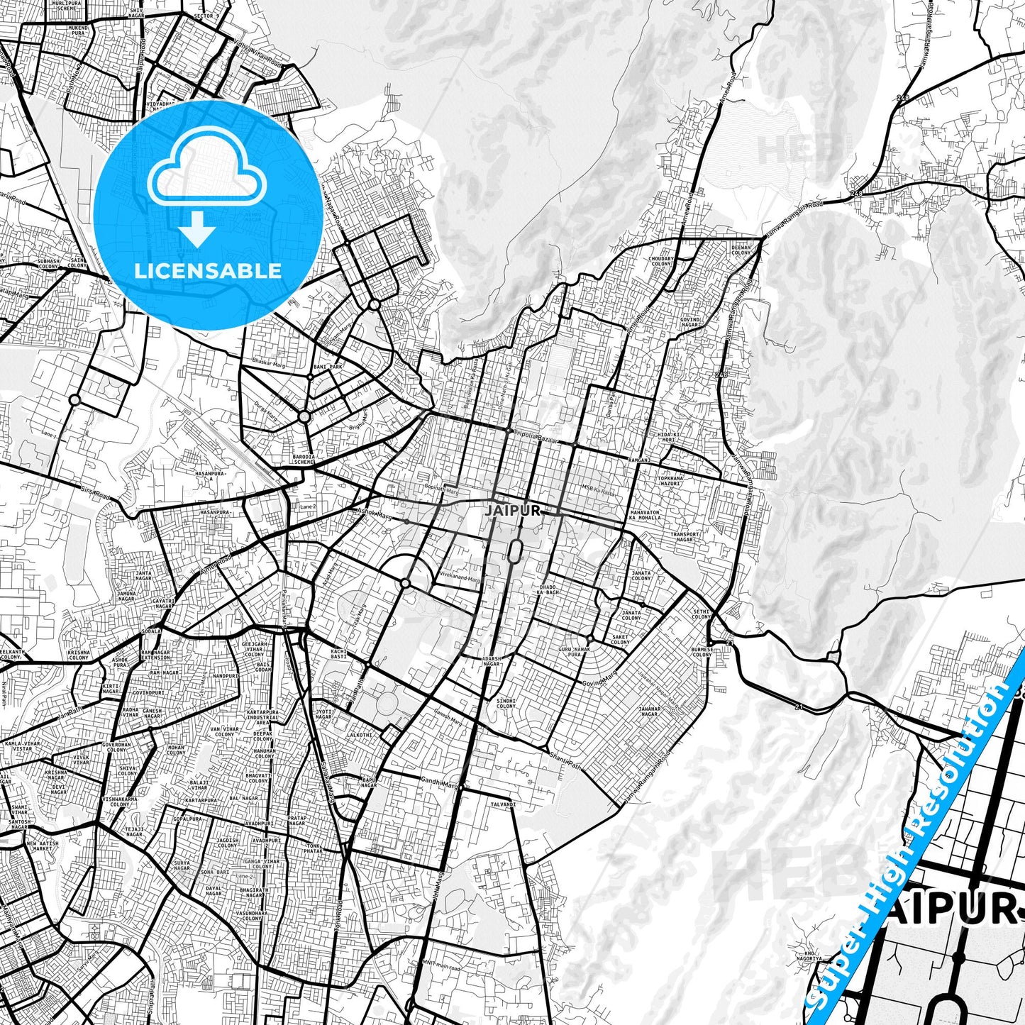 Jaipur, India Light Map with Street Names, City Names, and Districts
