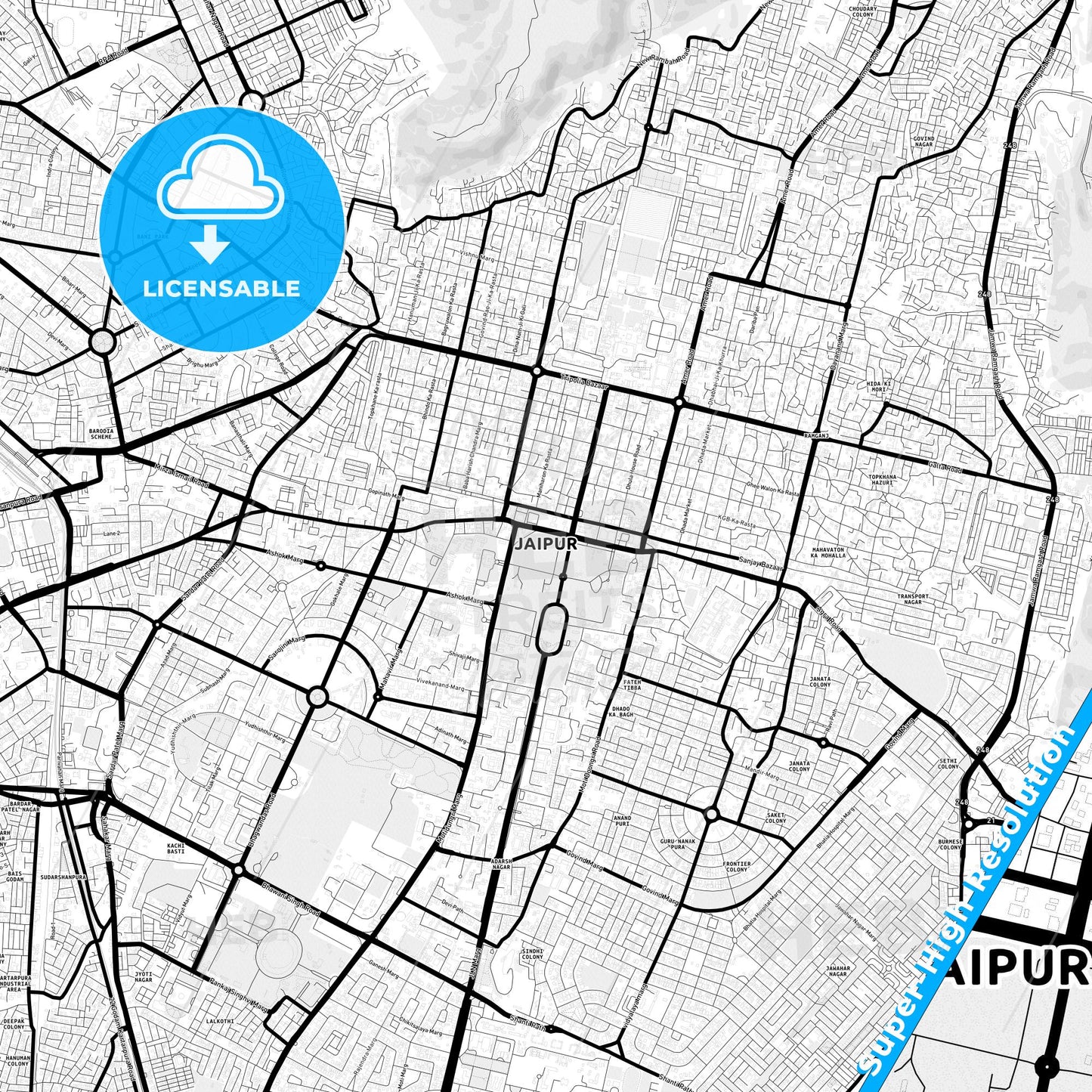 Jaipur, India Light Map with Street Names, City Names, and Districts