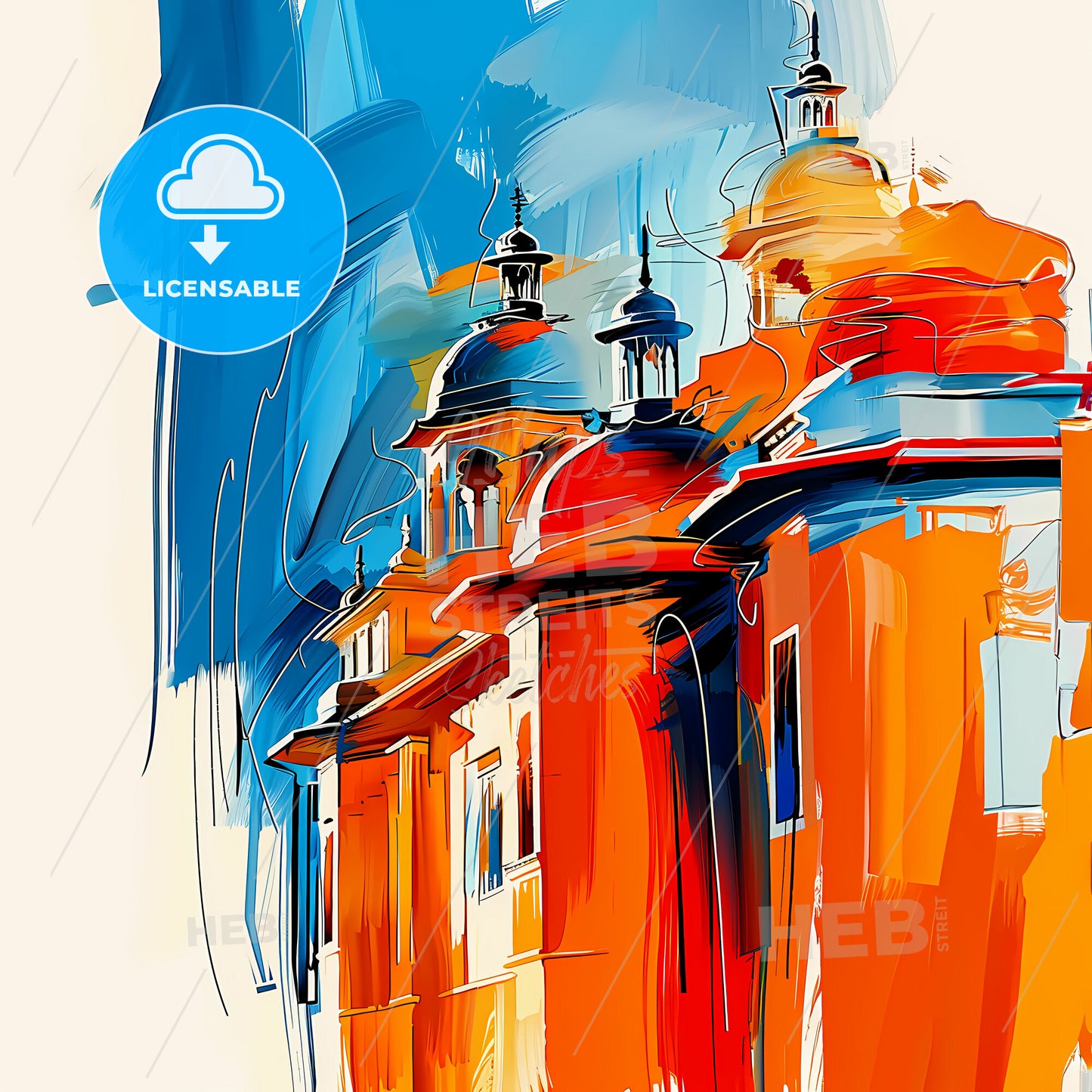 Vibrant Jaipur, India - A Painting Of A Building With A Blue And Orange Background