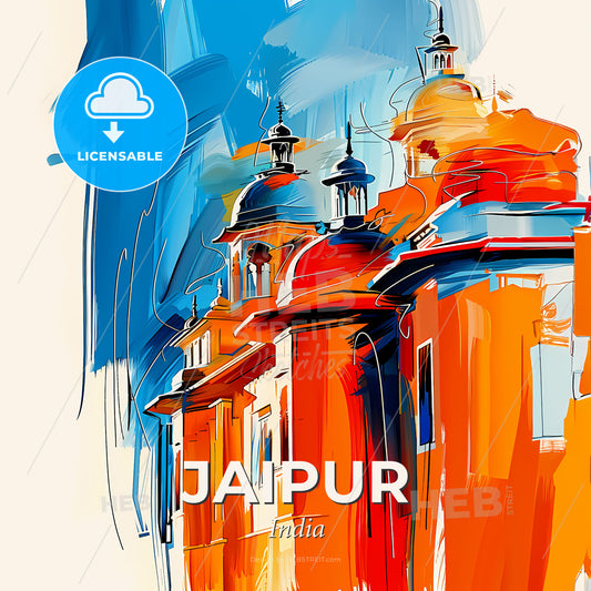 Vibrant Jaipur, India - A Painting Of A Building With A Blue And Orange Background - Square format print template