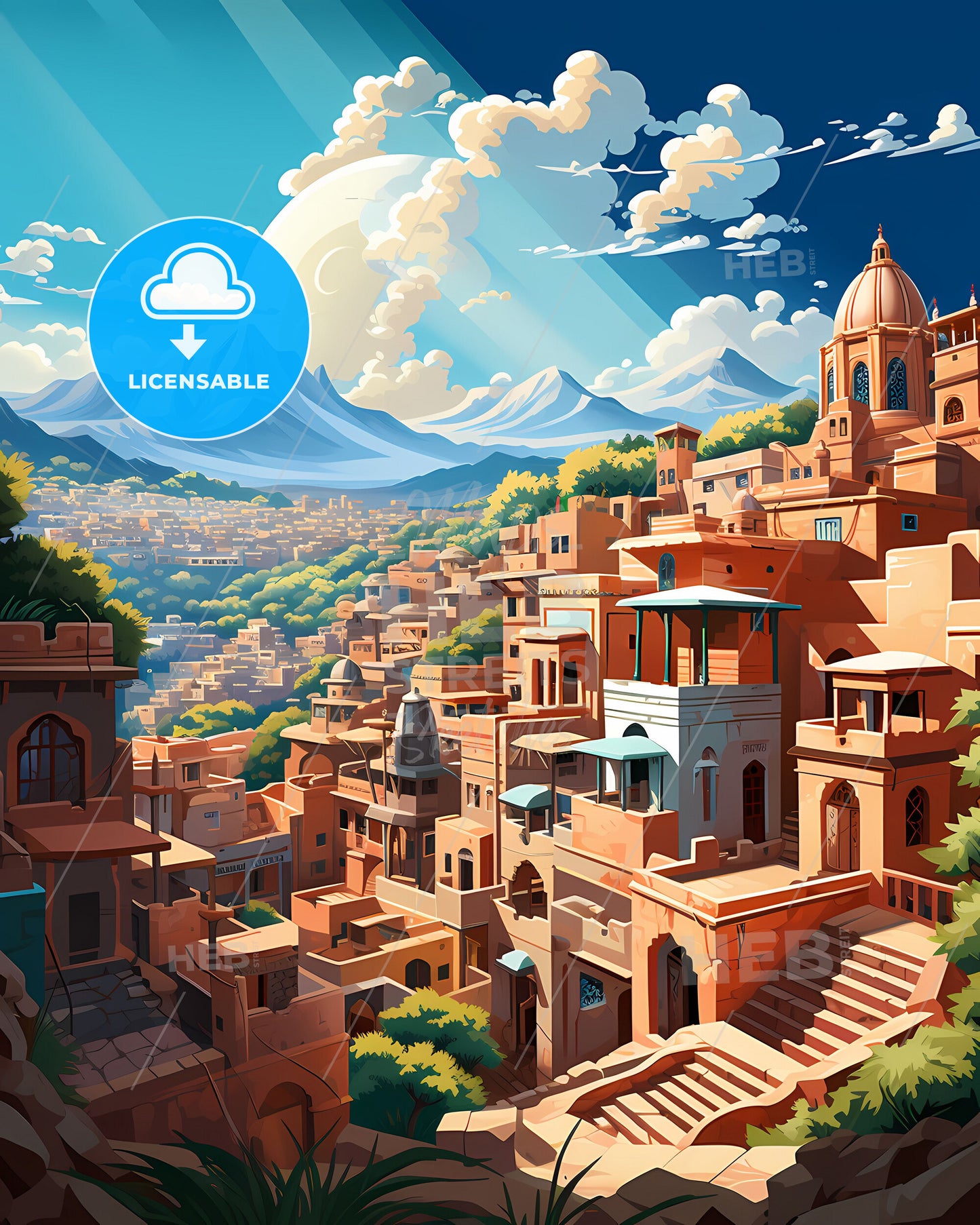 Panoramic Skyline Illustration of Jaipur India Depicting City With Mountains and Trees