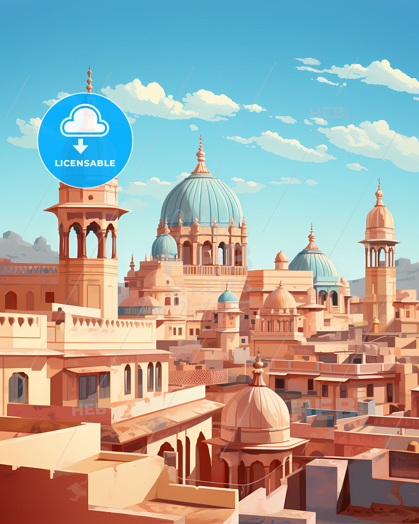 Vibrant Painting of Jaipur Skyline India Depicting Architectural Beauty with Domes and Azure Sky