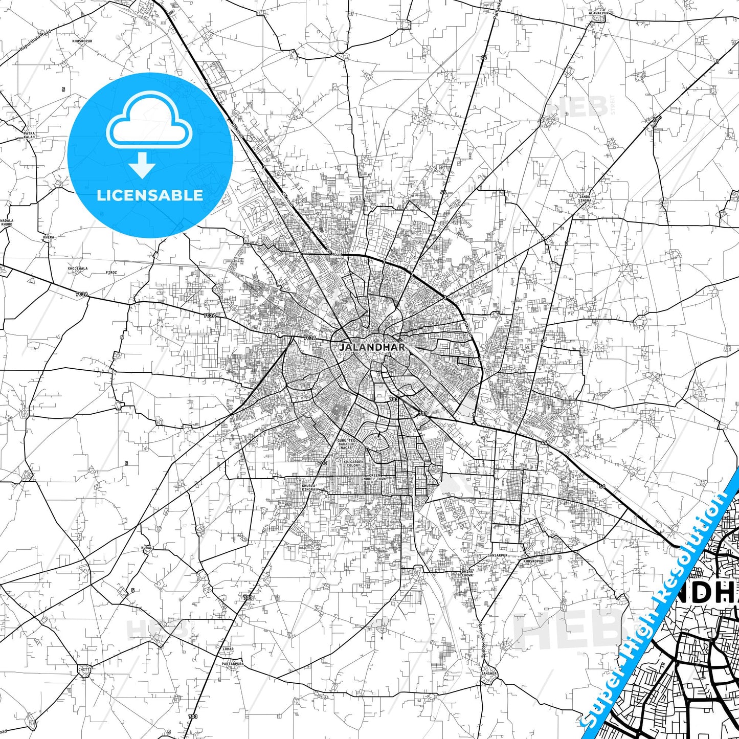 Jalandhar, India light map with streetnames, citynames and districts