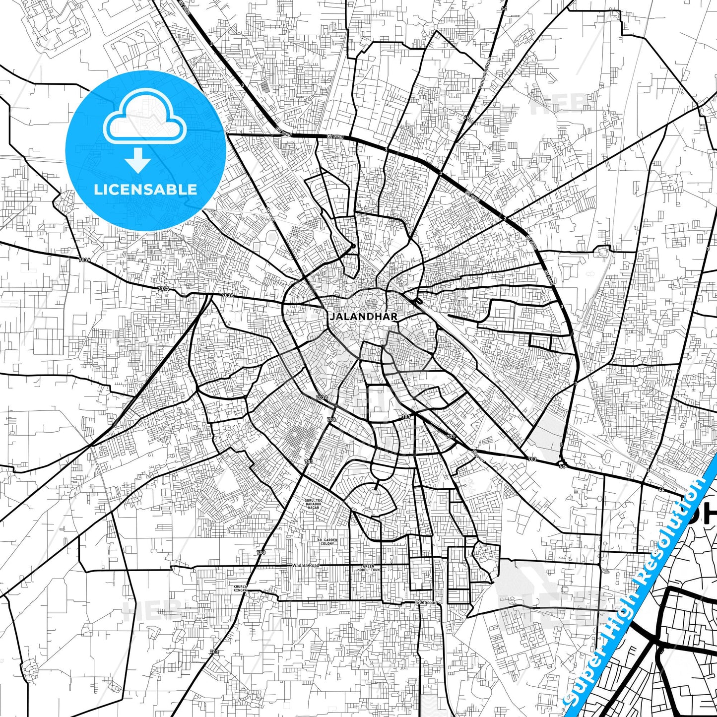 Jalandhar, India Light Map with Street Names, City Names, and Districts