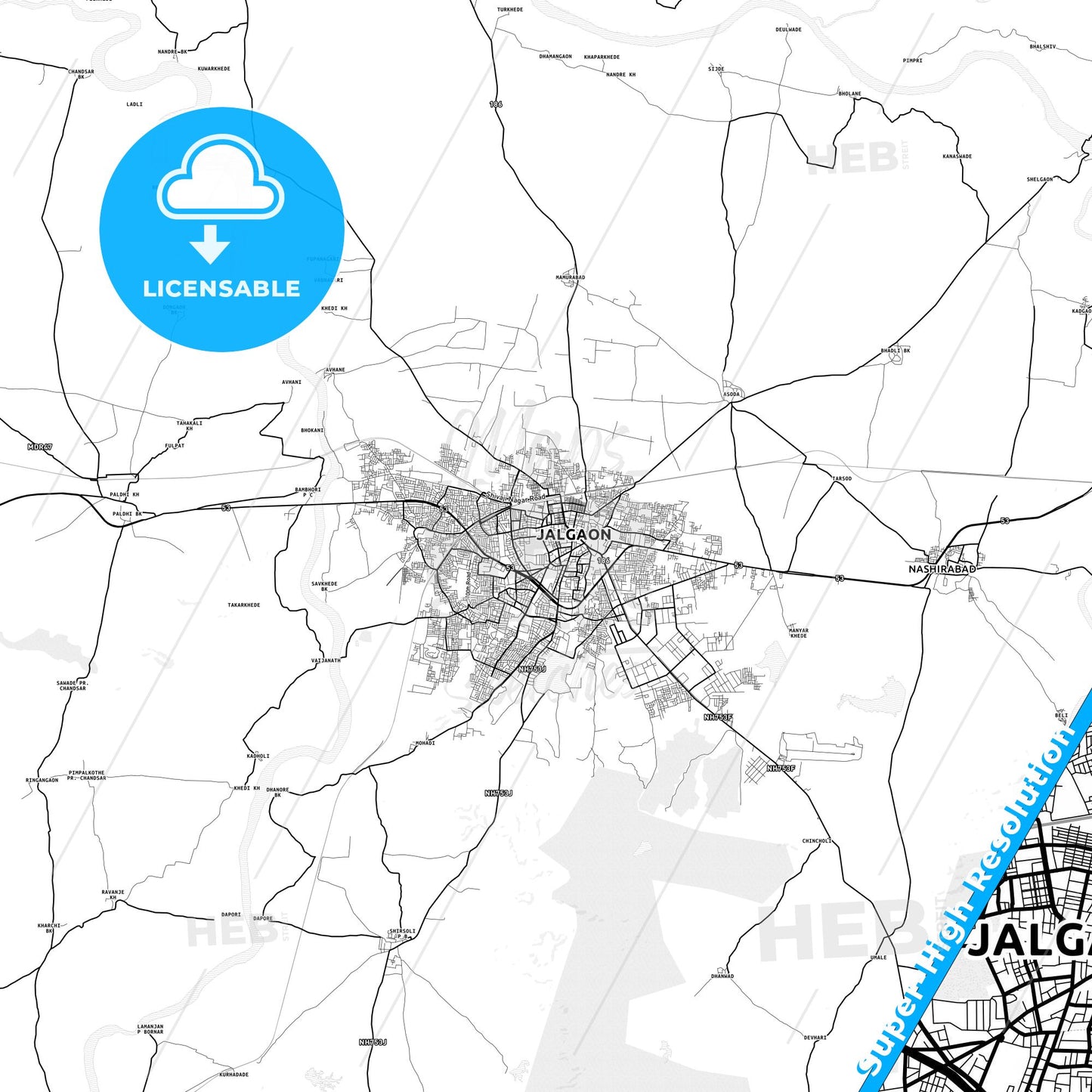 Jalgaon, India light map with streetnames, citynames and districts