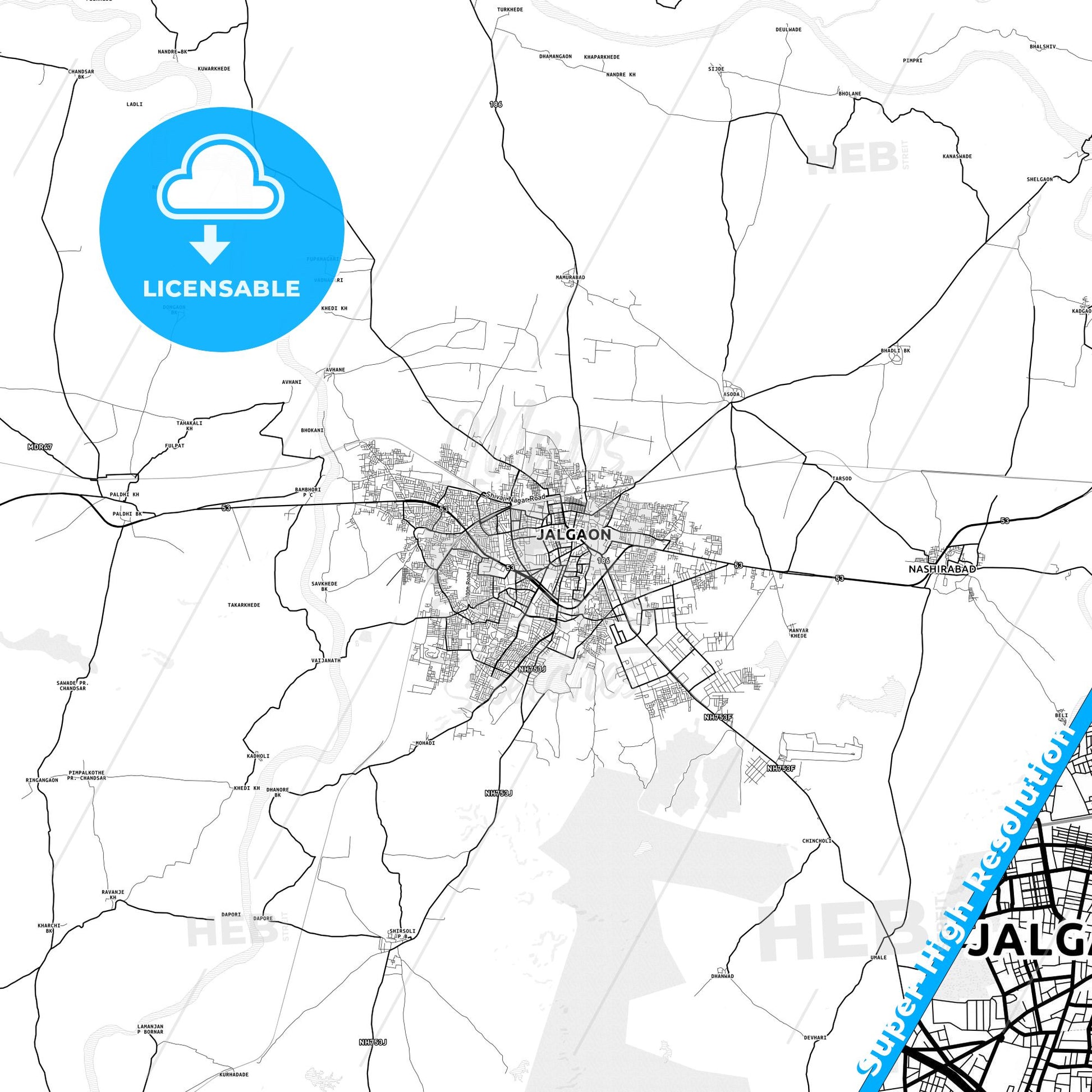 Jalgaon, India light map with streetnames, citynames and districts