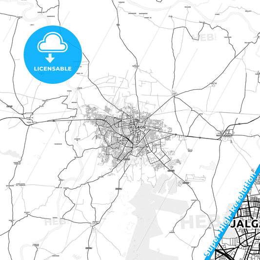 Jalgaon, India light map with streetnames, citynames and districts