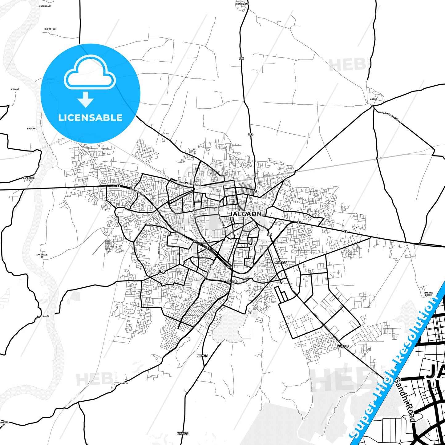 Jalgaon, India Light Map with Street Names, City Names, and Districts