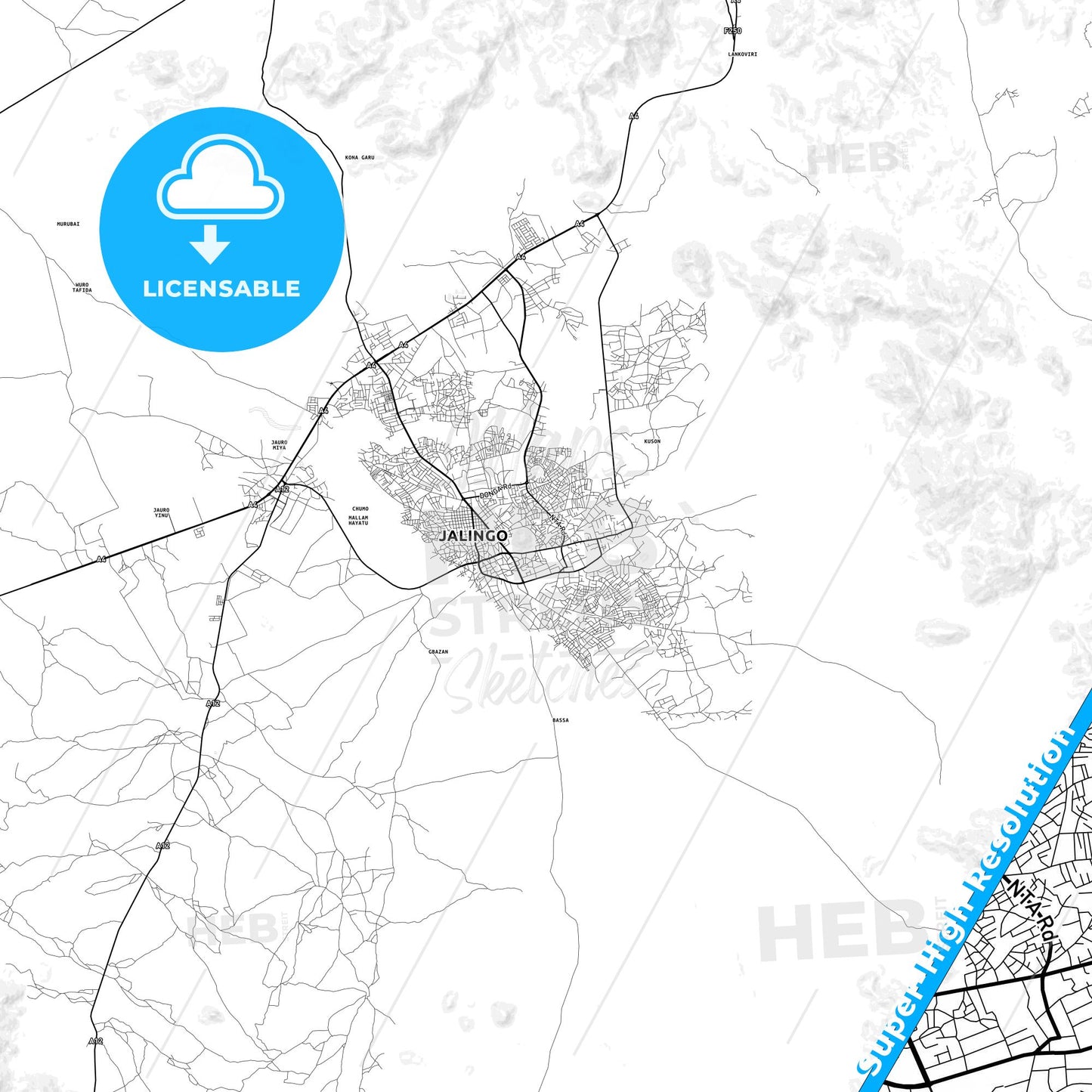 Jalingo, Nigeria light map with streetnames, citynames and districts