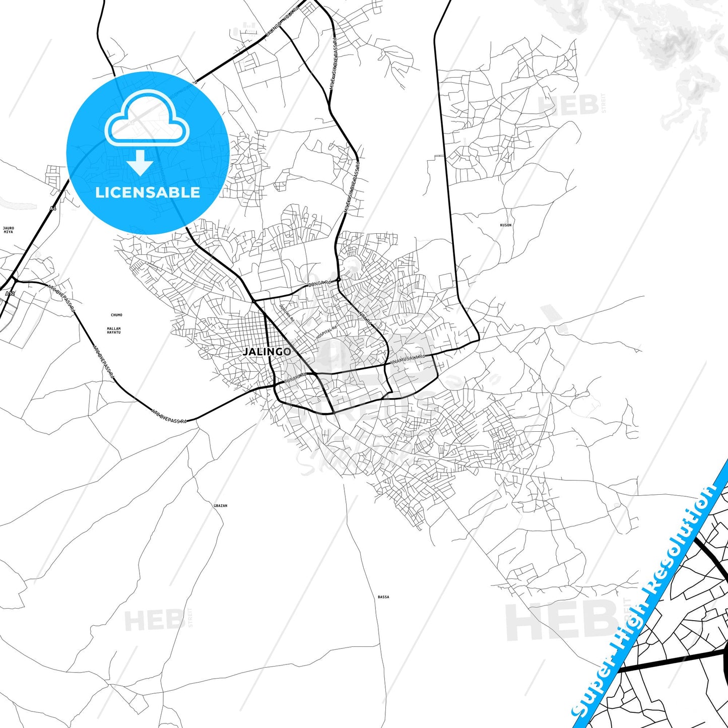Jalingo, Nigeria Light Map with Street Names, City Names, and Districts