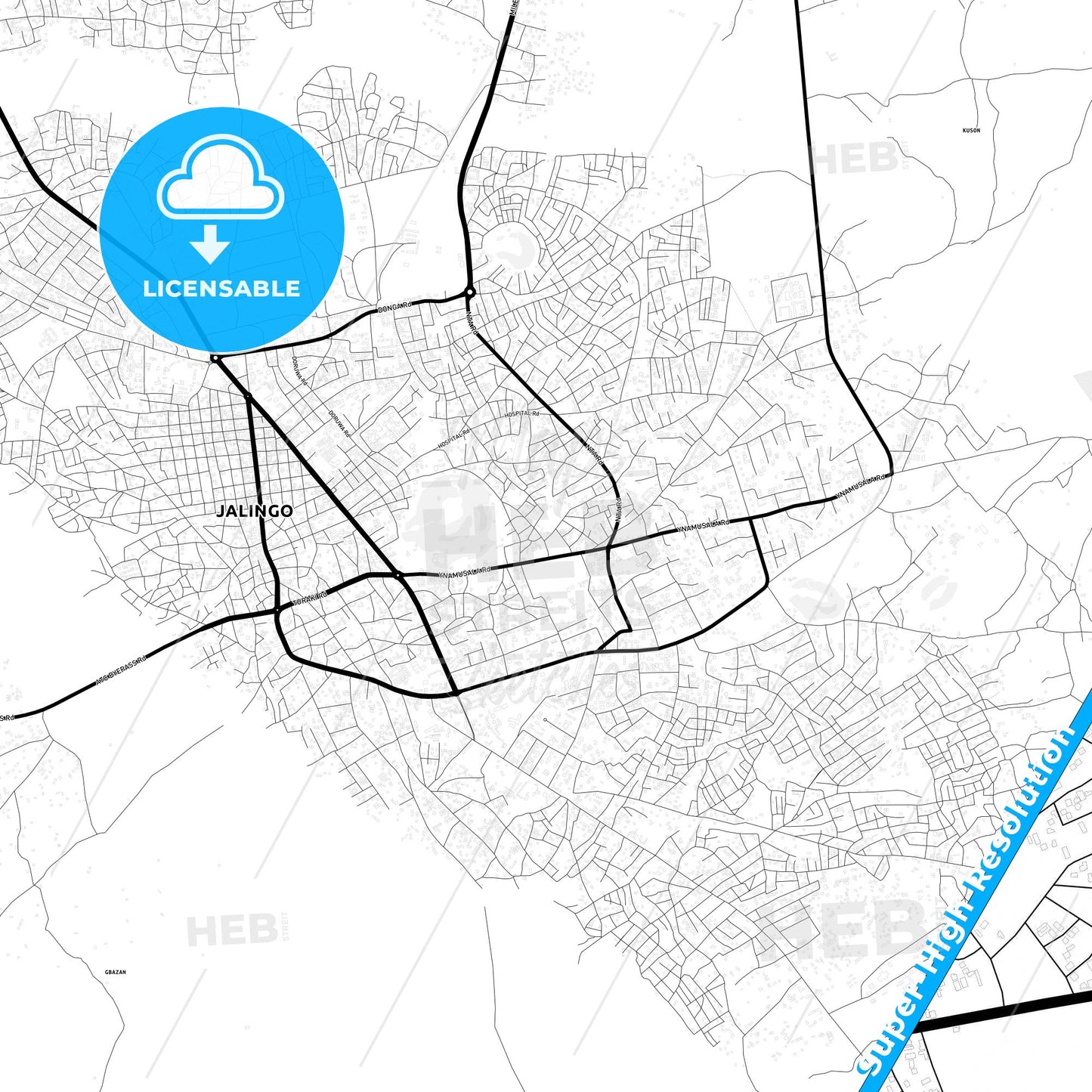 Jalingo, Nigeria Light Map with Street Names, City Names, and Districts