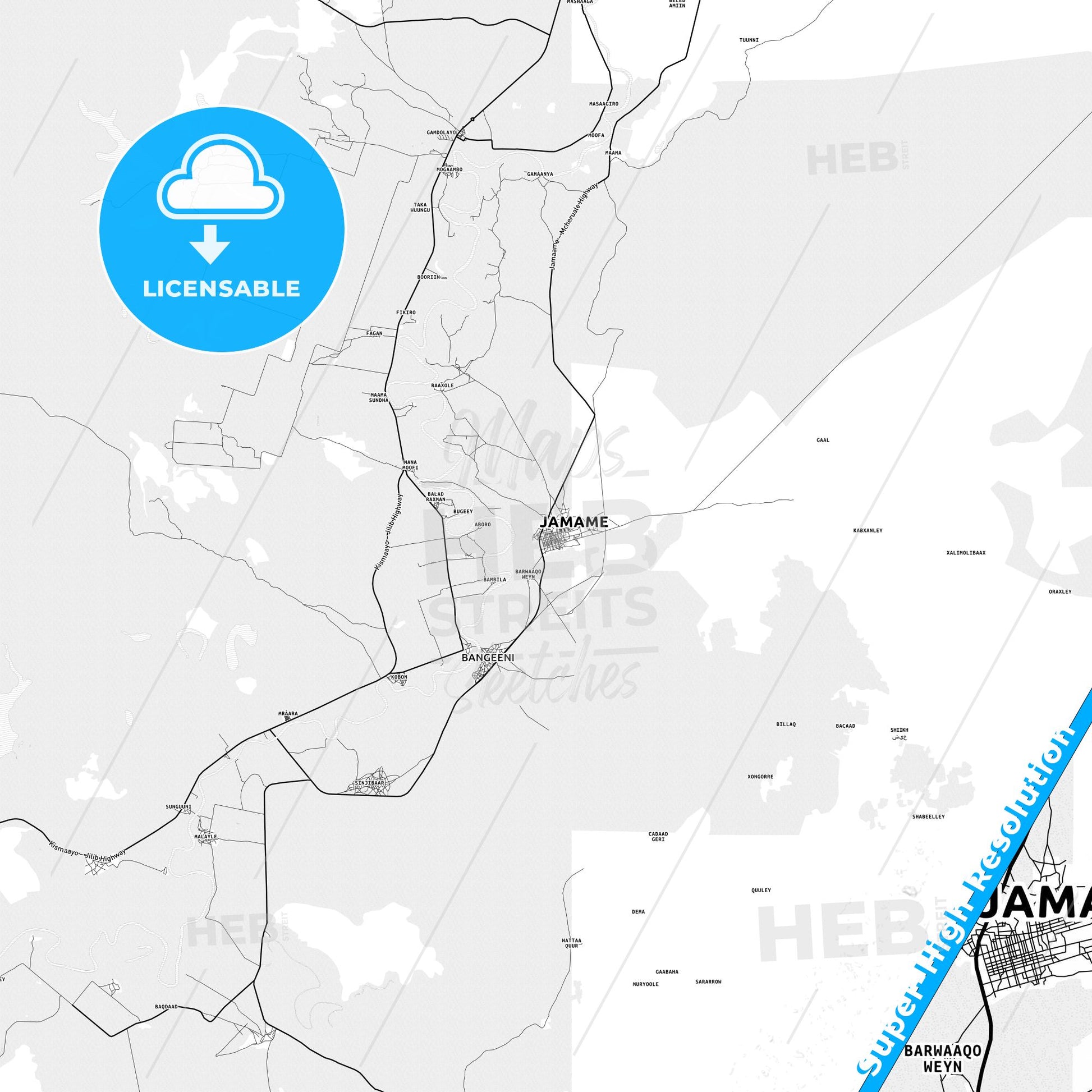 Jamaame, Somalia light map with streetnames, citynames and districts