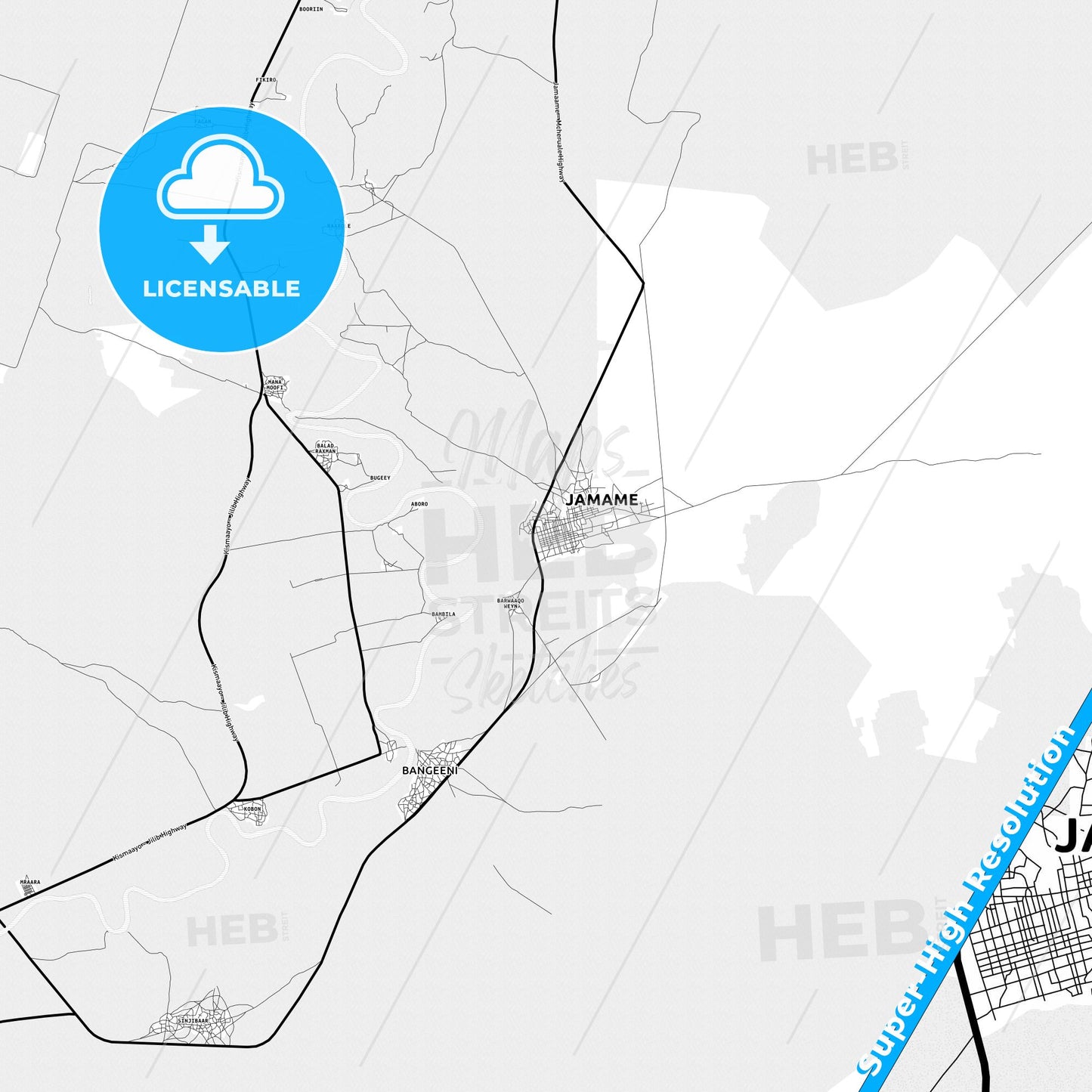 Jamaame, Somalia Light Map with Street Names, City Names, and Districts