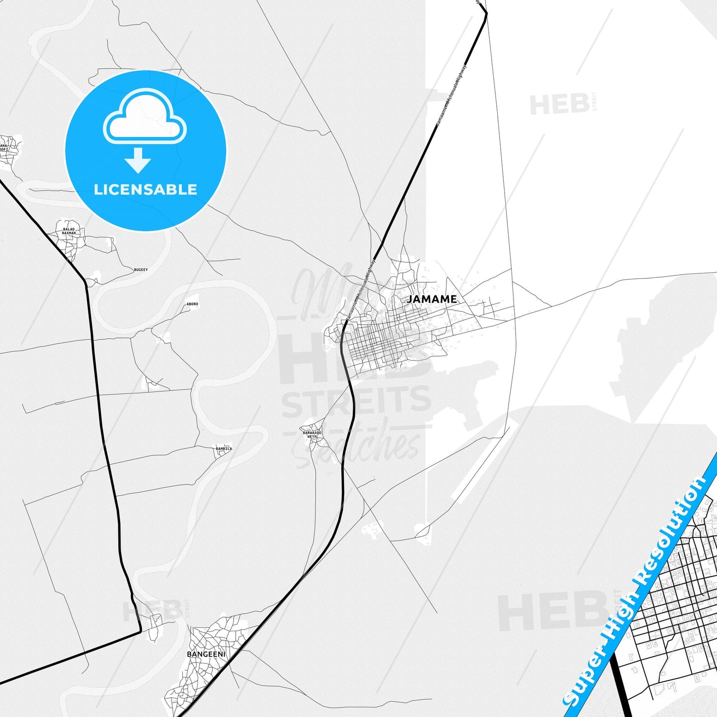 Jamaame, Somalia Light Map with Street Names, City Names, and Districts