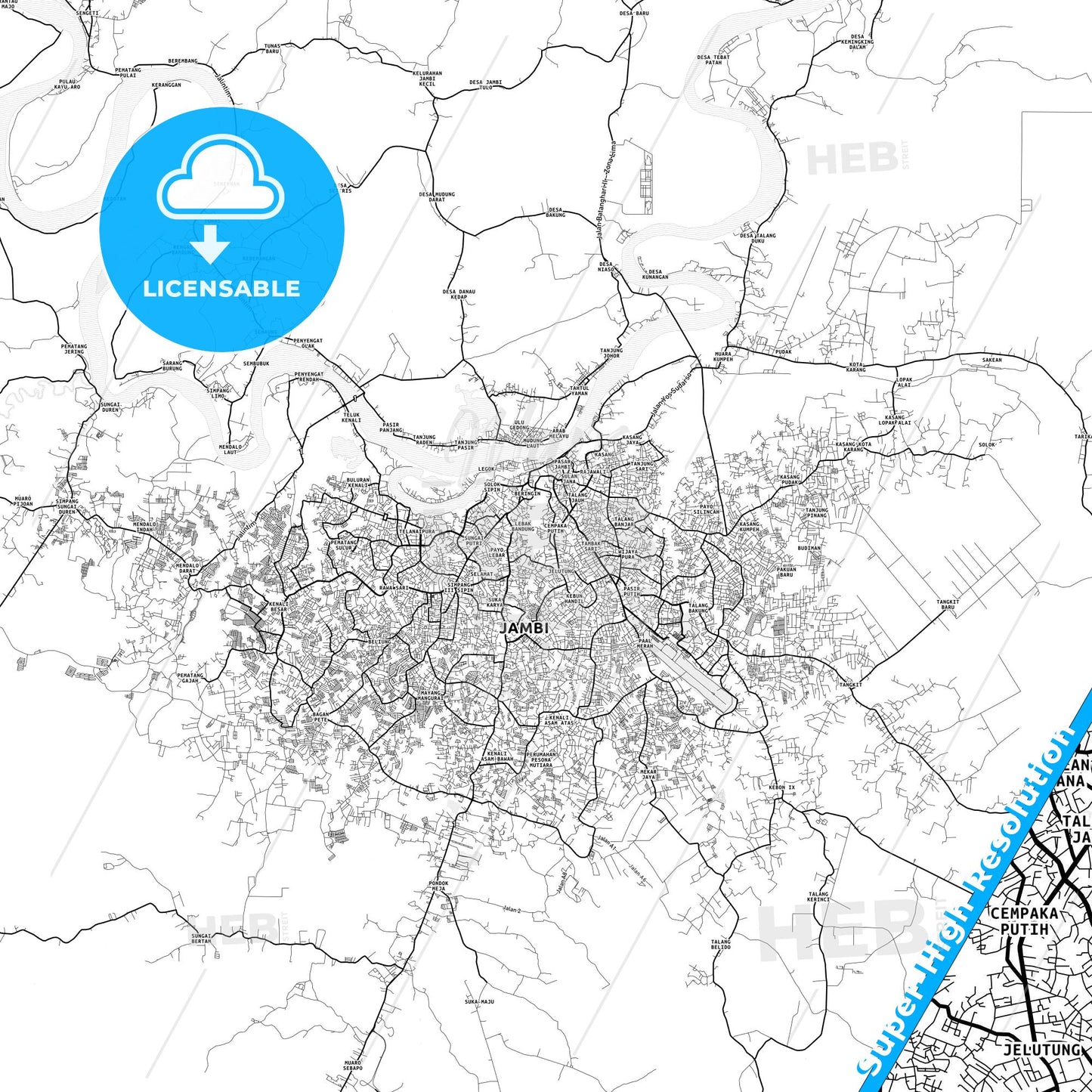 Jambi, Indonesia light map with streetnames, citynames and districts