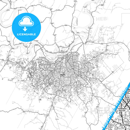 Jambi, Indonesia light map with streetnames, citynames and districts