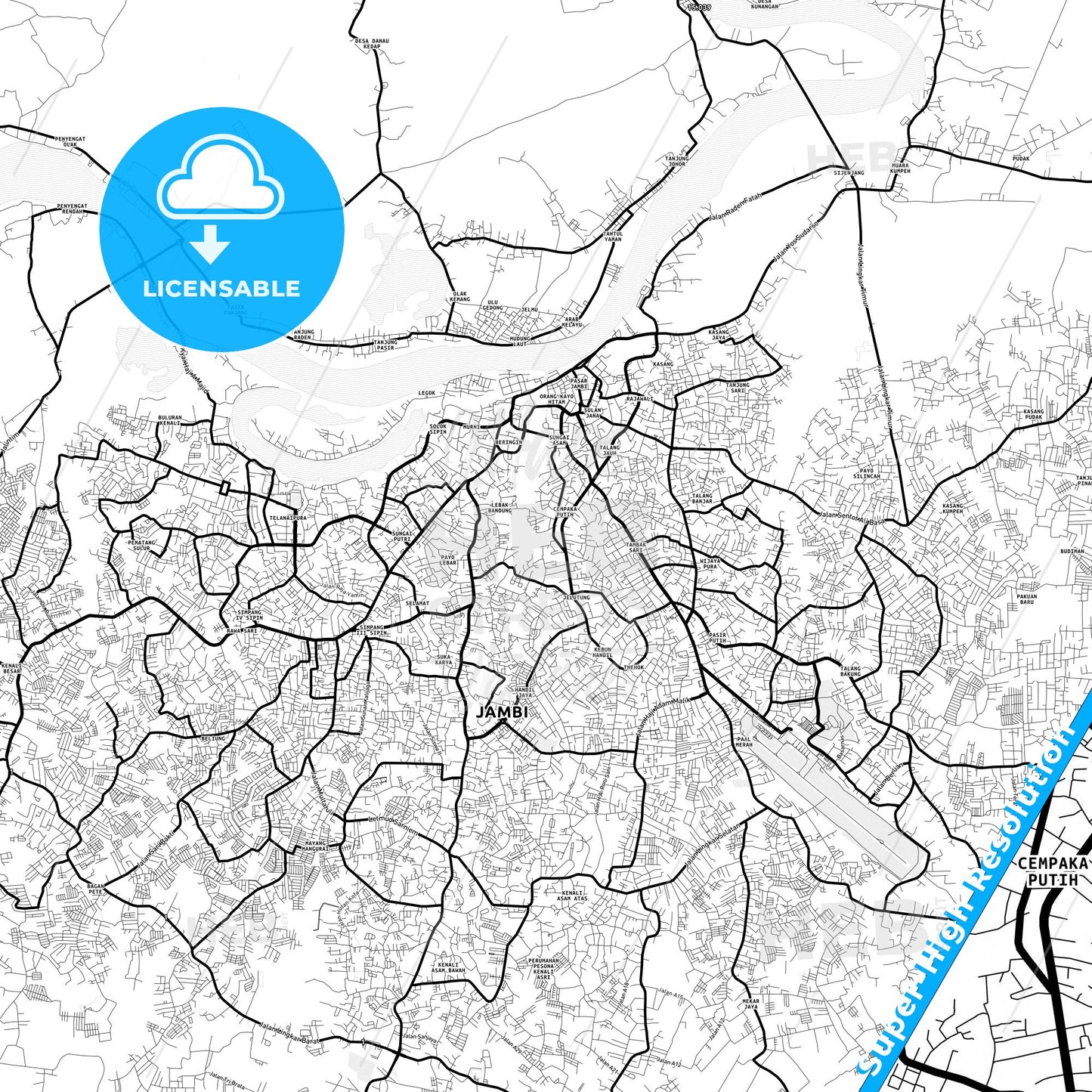 Jambi, Indonesia Light Map with Street Names, City Names, and Districts