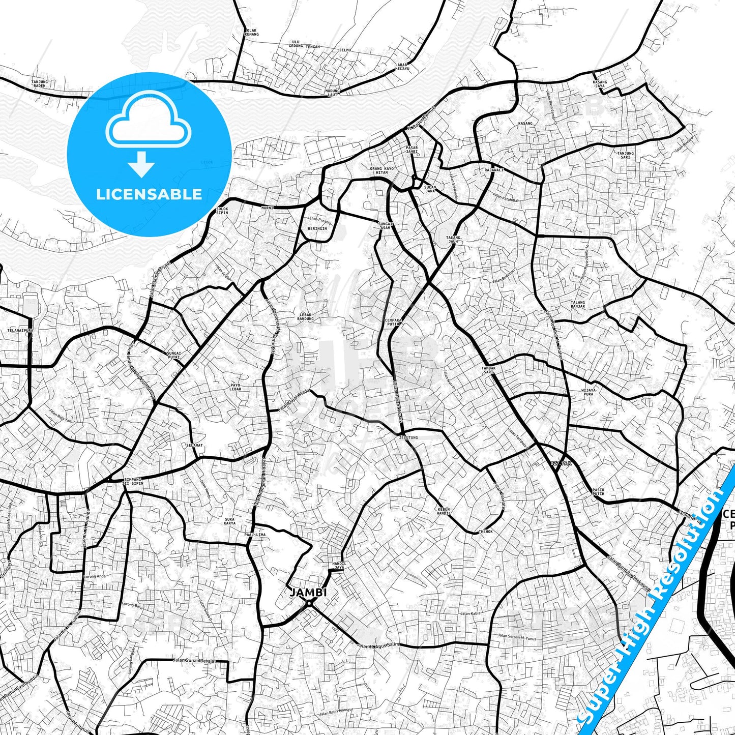 Jambi, Indonesia Light Map with Street Names, City Names, and Districts
