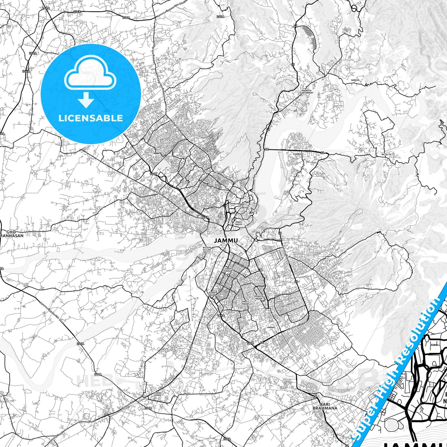 Jammu, India light map with streetnames, citynames and districts